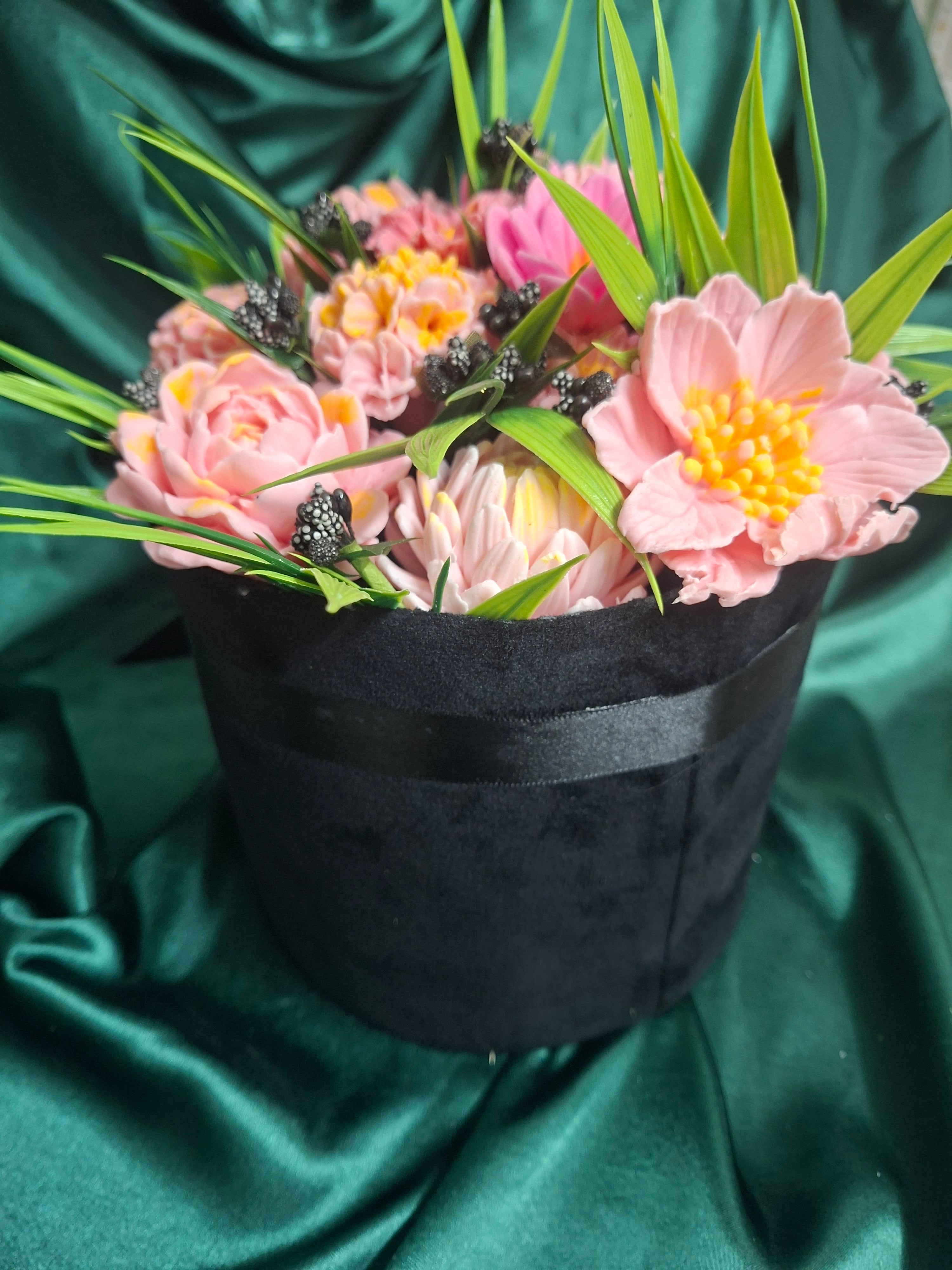 Black Velvet Flower Box Arrangement With Pink Artificial Flowers