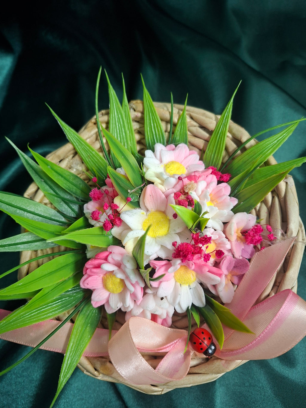 Artificial Flowering Plant In Woven Basket With Pink Ribbon Decor