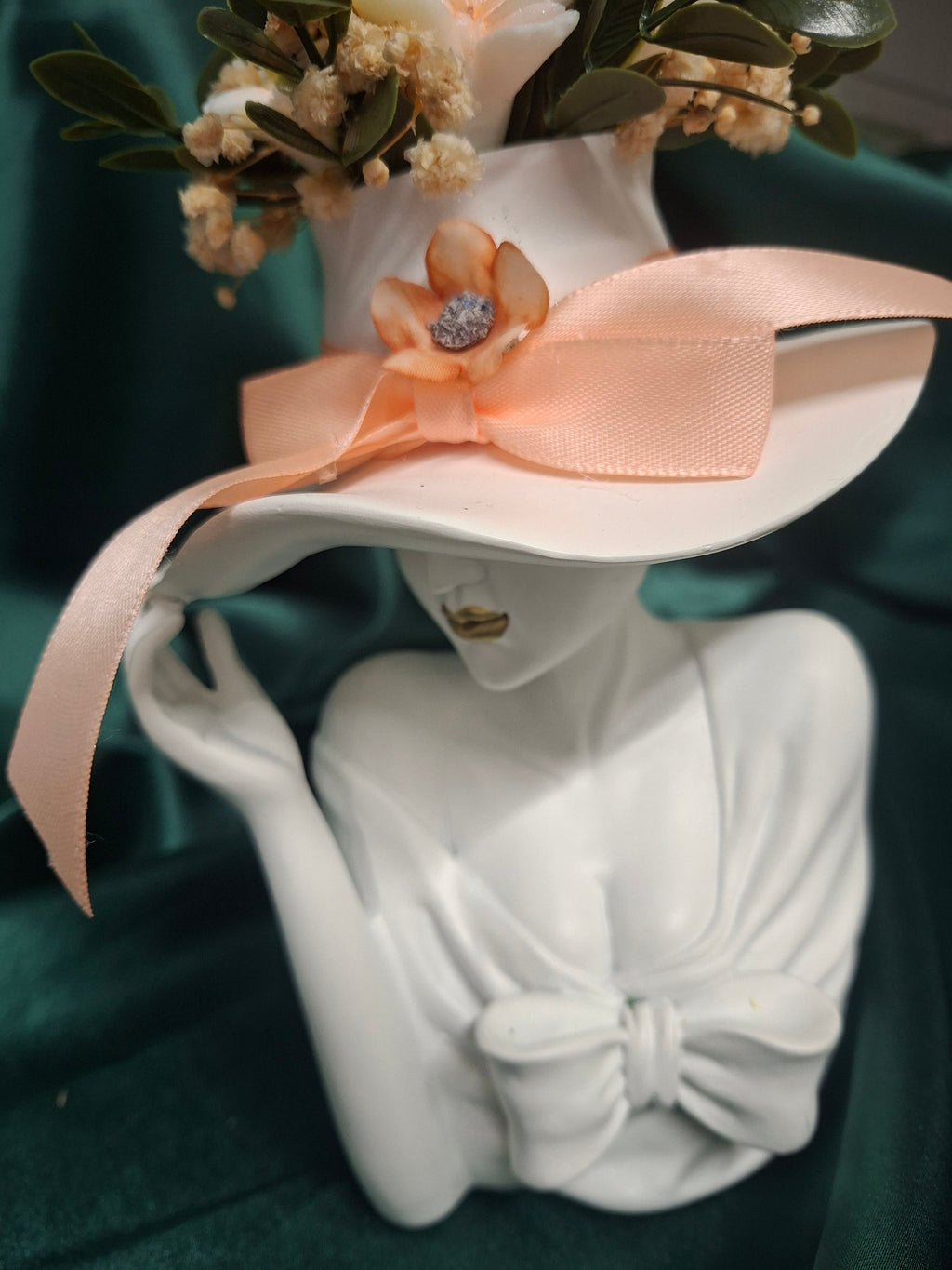 Elegant Artificial Floral Hat Display With Peach Ribbon Accent