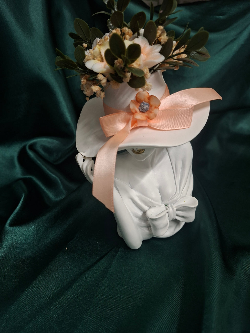 Elegant Artificial Floral Hat Display With Peach Ribbon Accent