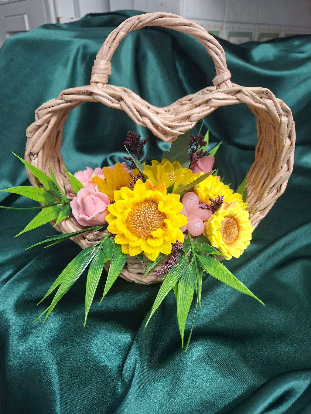 Woven Heart Basket With Artificial Sunflowers And Pink Accents