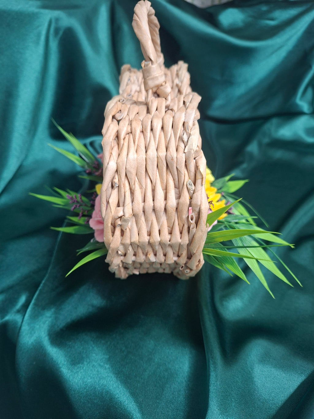 Woven Heart Basket With Artificial Sunflowers And Pink Accents