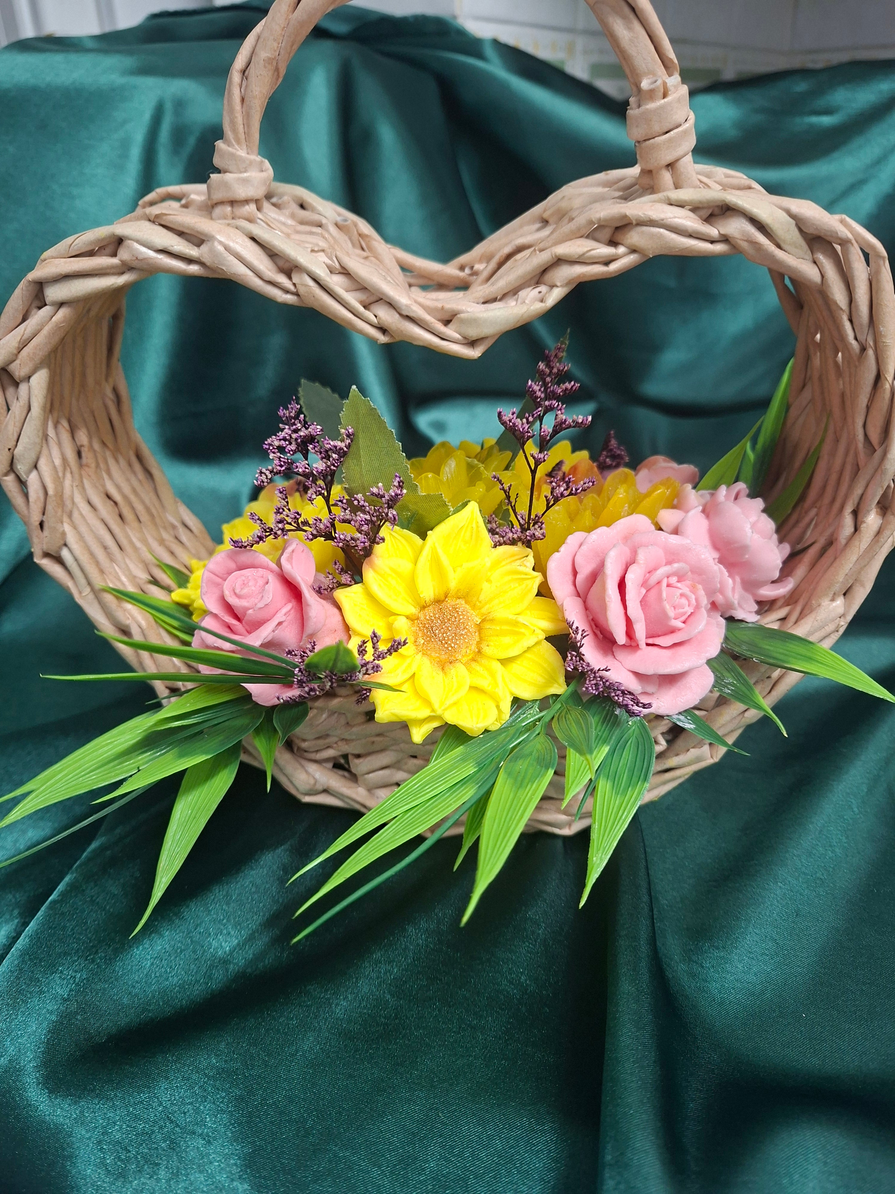Woven Heart Basket With Artificial Sunflowers And Pink Accents