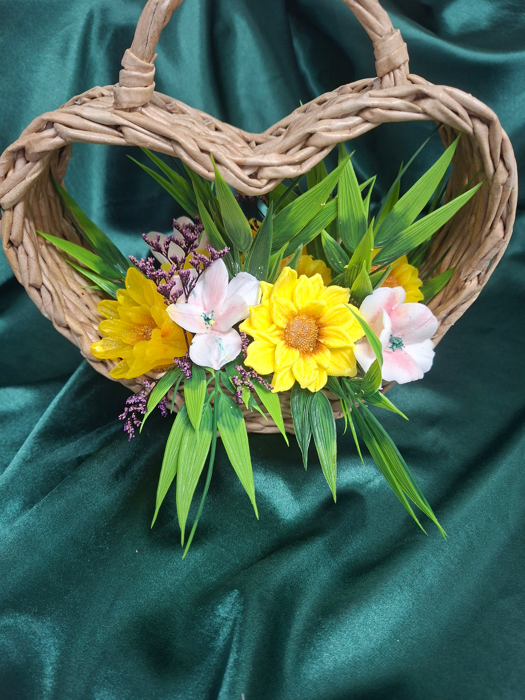 Artificial Flower Arrangement In Woven Basket Home Decor