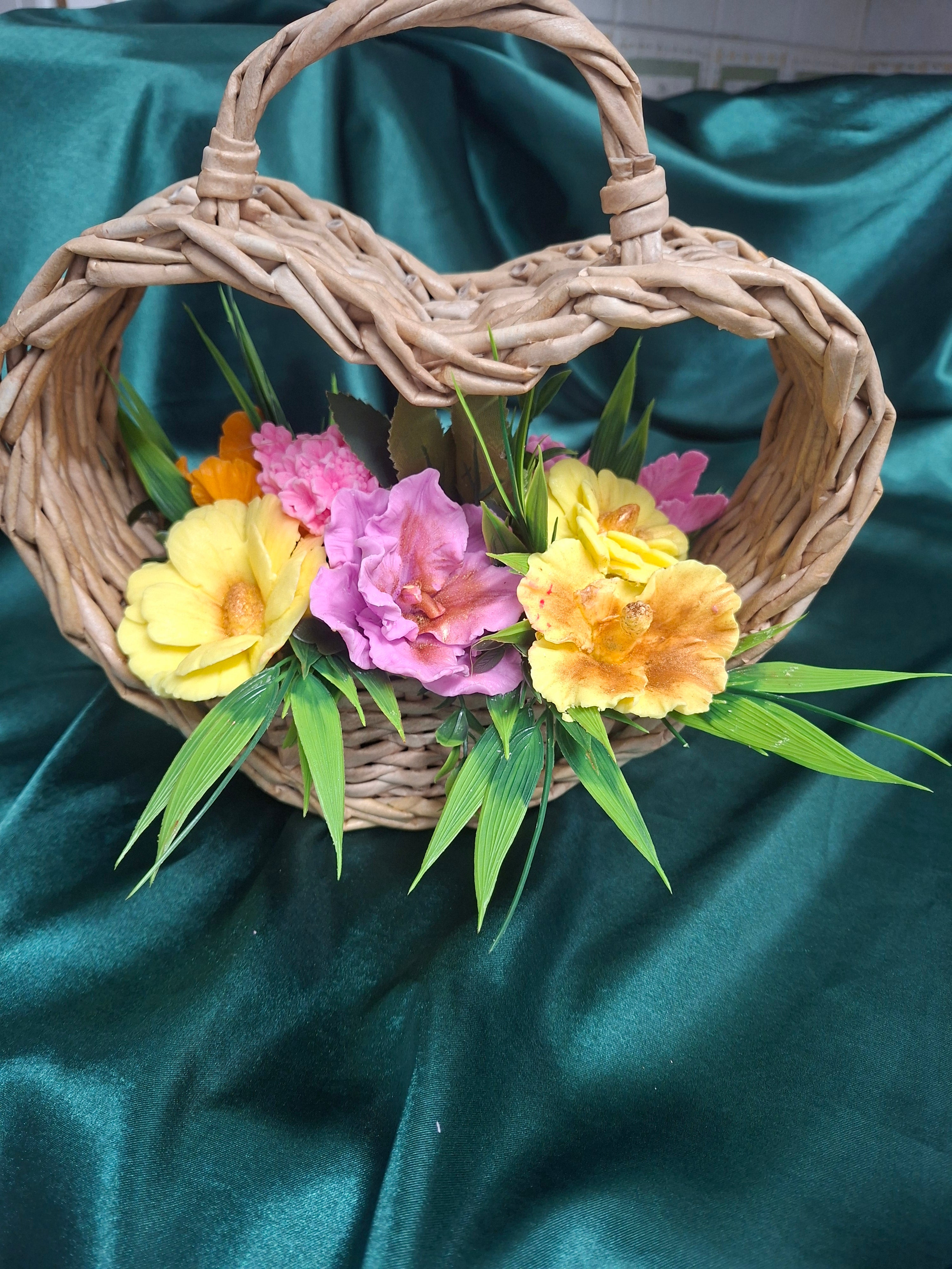 Artificial Flower Arrangement In Woven Wood Basket Decor