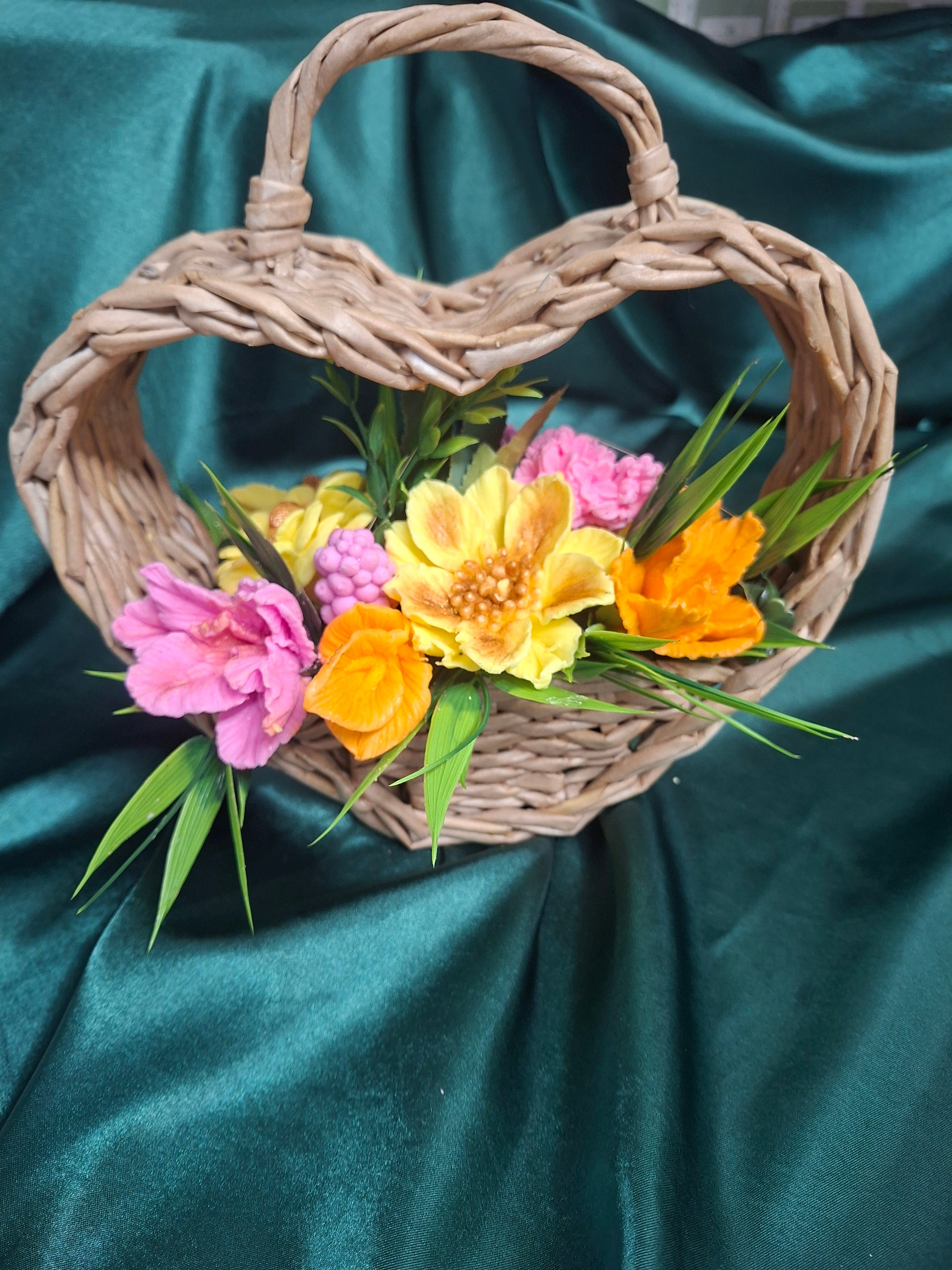 Artificial Flower Arrangement In Woven Wood Basket Decor