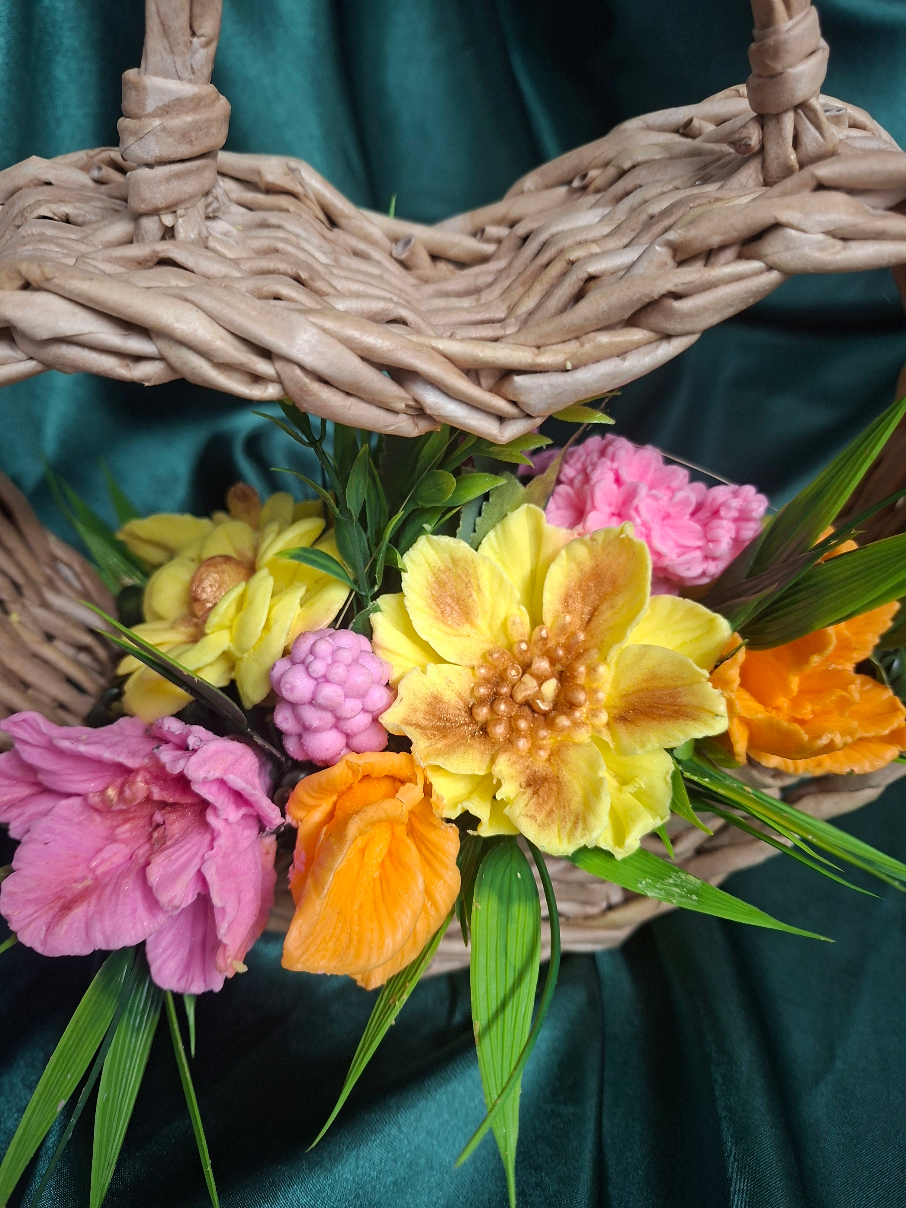 Artificial Flower Arrangement In Woven Wood Basket Decor