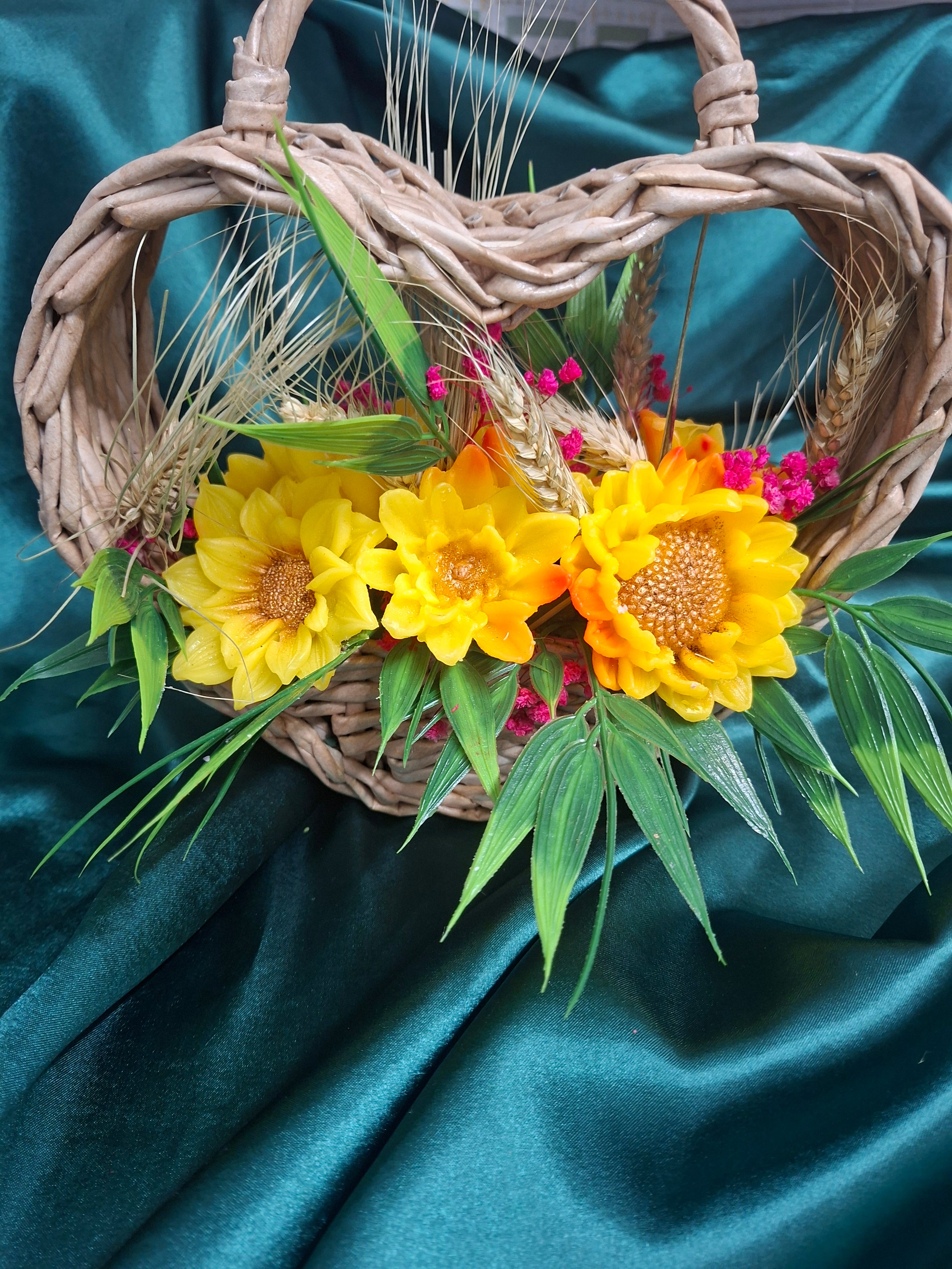 Artificial Woven Wood Basket Floral Arrangement With Sunflowers And Greenery