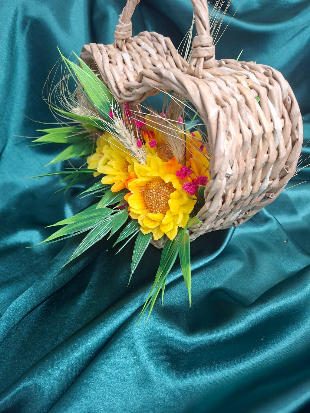 Artificial Woven Wood Basket Floral Arrangement With Sunflowers And Greenery