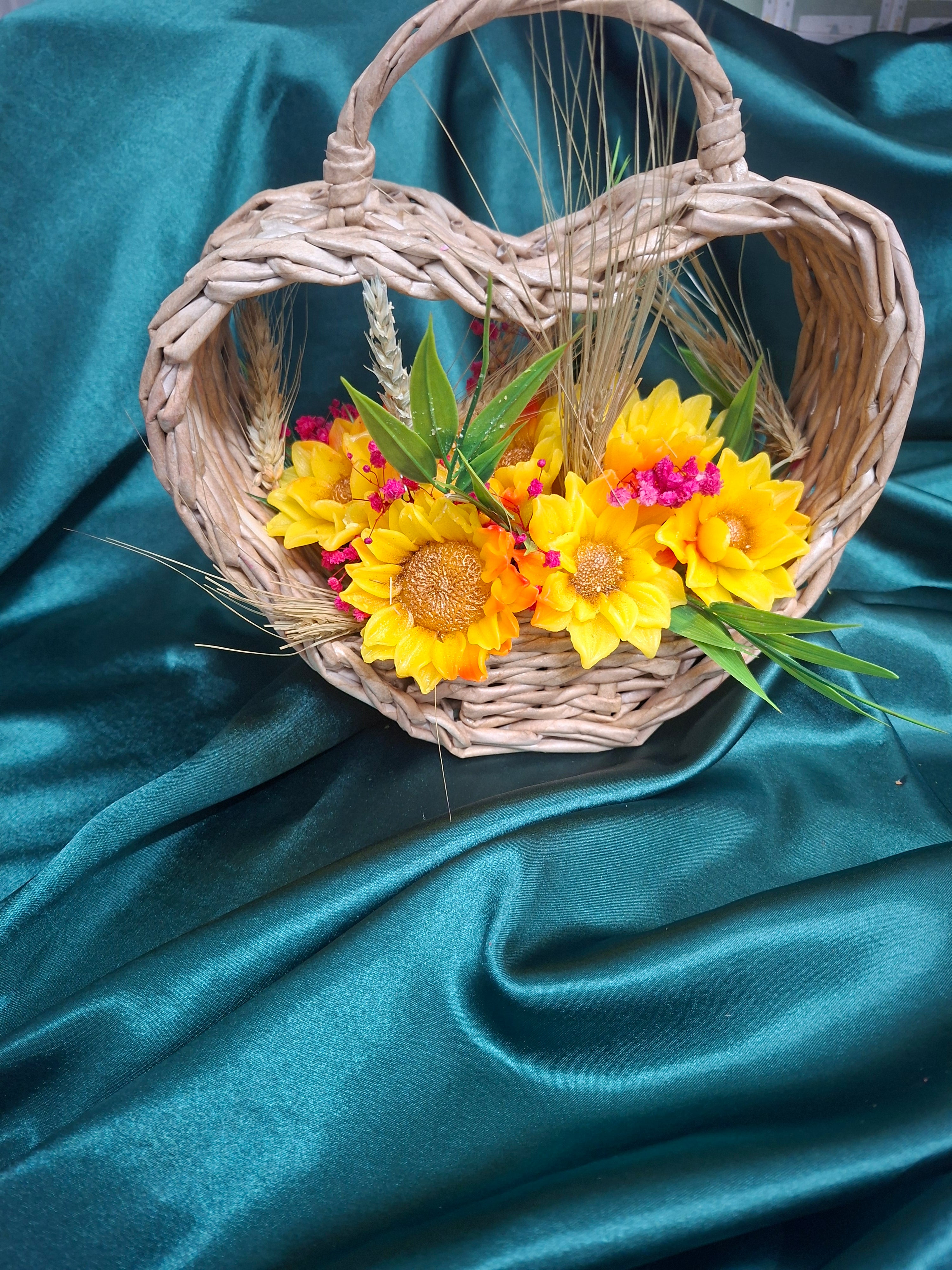 Artificial Woven Wood Basket Floral Arrangement With Sunflowers And Greenery