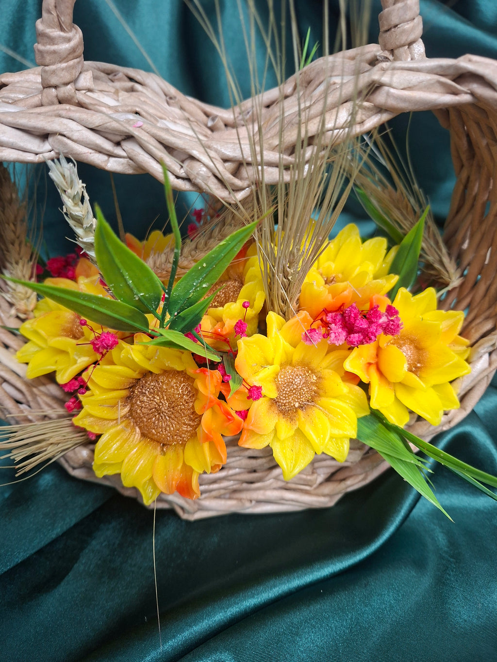 Artificial Woven Wood Basket Floral Arrangement With Sunflowers And Greenery