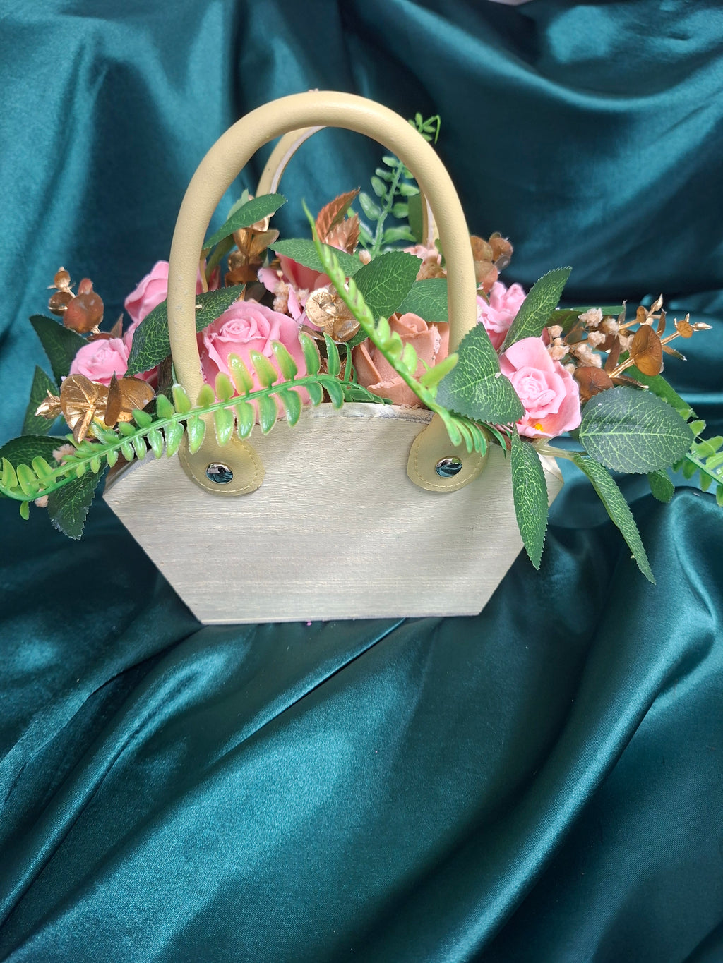 Artificial Woven Basket Floral Arrangement With Pink Roses And Greenery