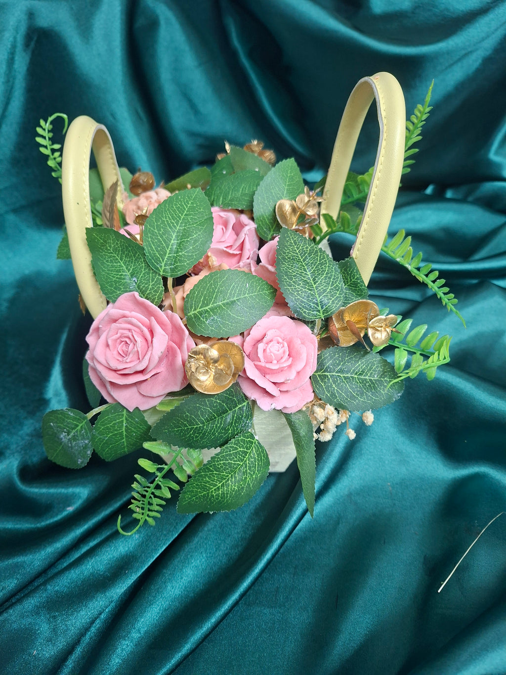 Artificial Woven Basket Floral Arrangement With Pink Roses And Greenery