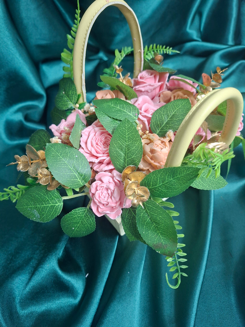 Artificial Woven Basket Floral Arrangement With Pink Roses And Greenery