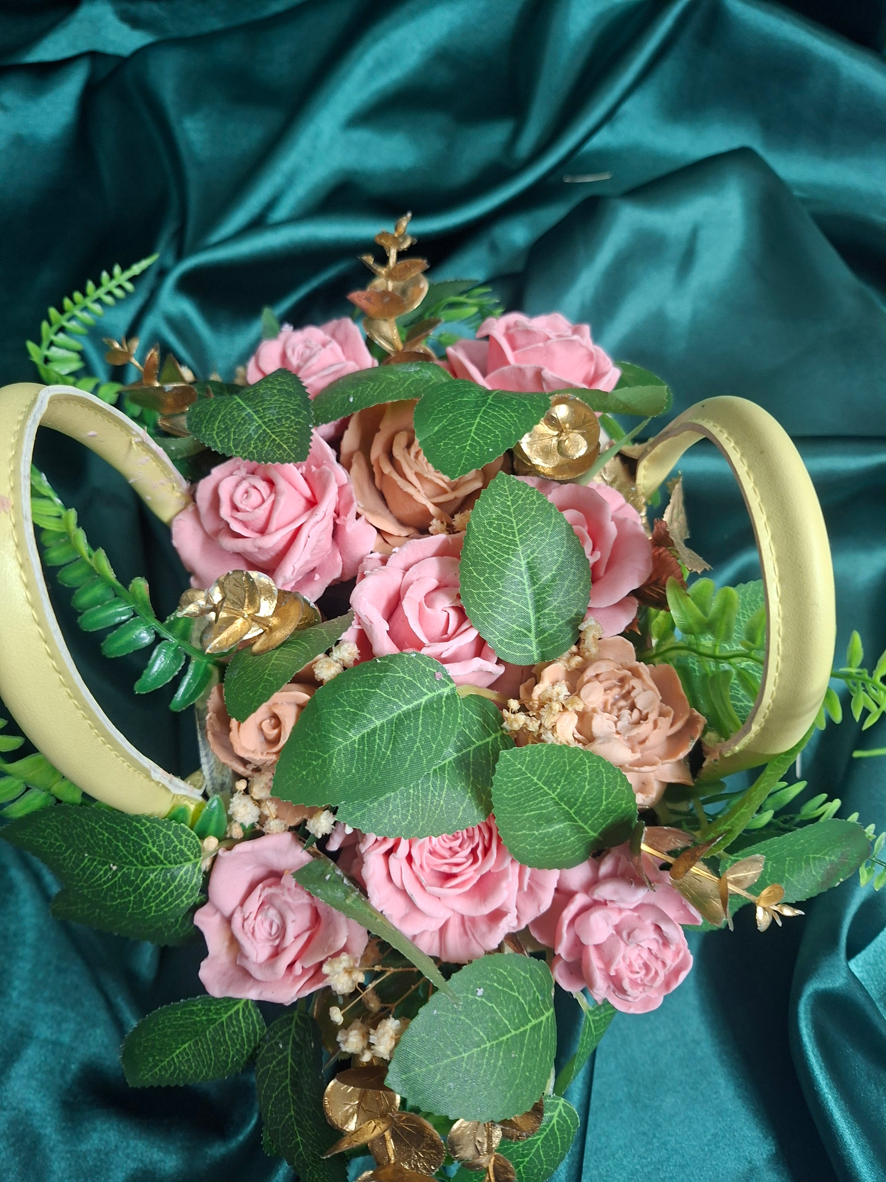 Artificial Woven Basket Floral Arrangement With Pink Roses And Greenery