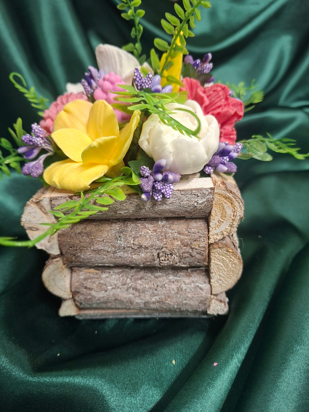 Rustic Woven Wood Basket Floral Arrangement with Artificial Flowers