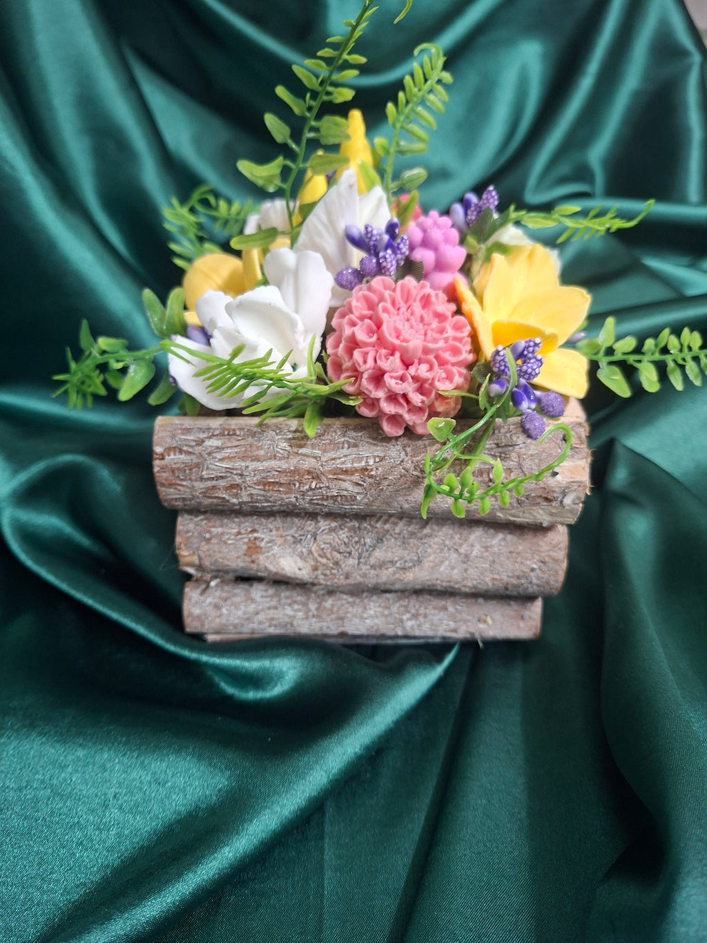 Rustic Woven Wood Basket Floral Arrangement with Artificial Flowers
