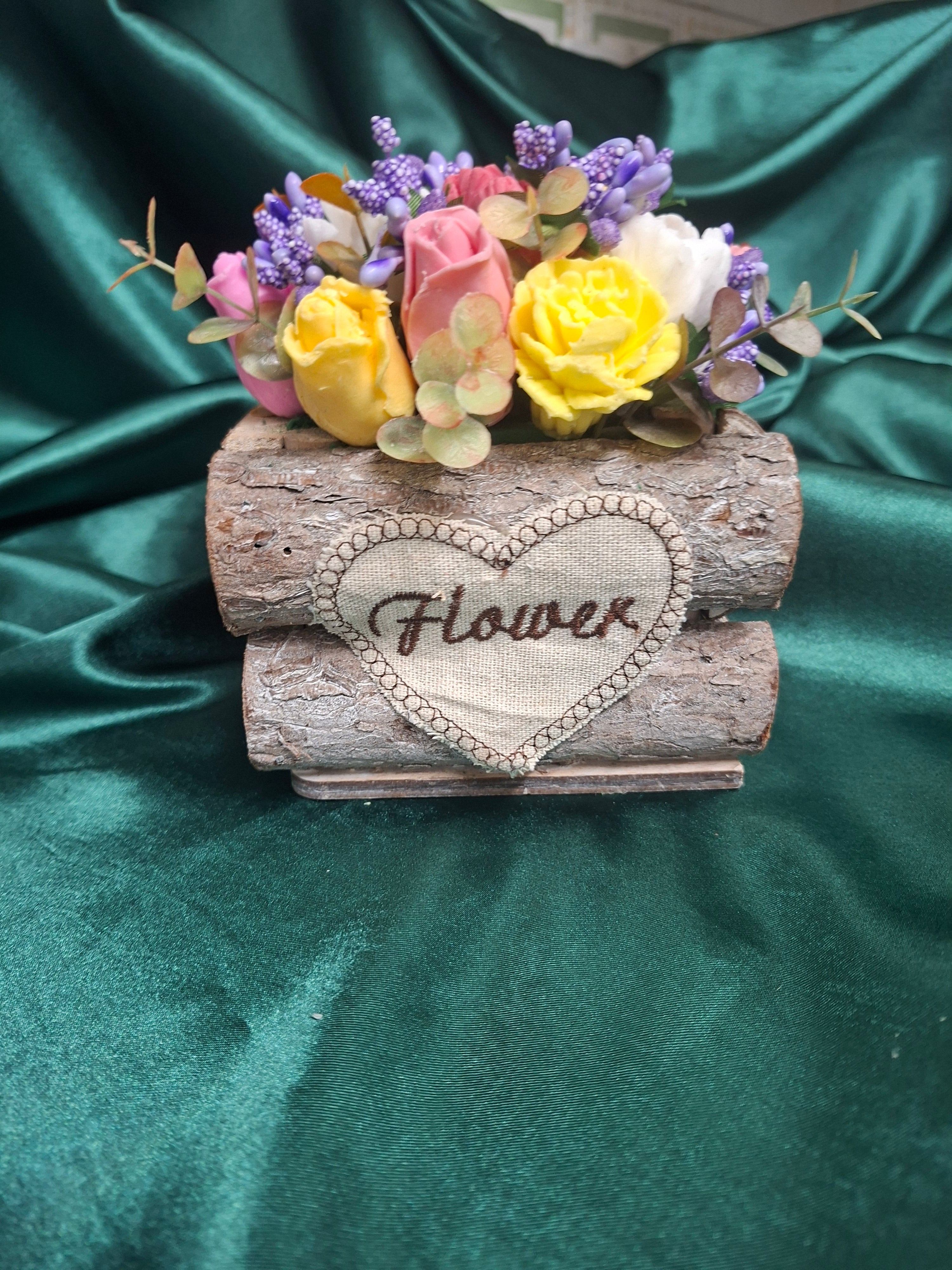 Rustic Log Basket With Heart Burlap Patch And Artificial Flowers Decor