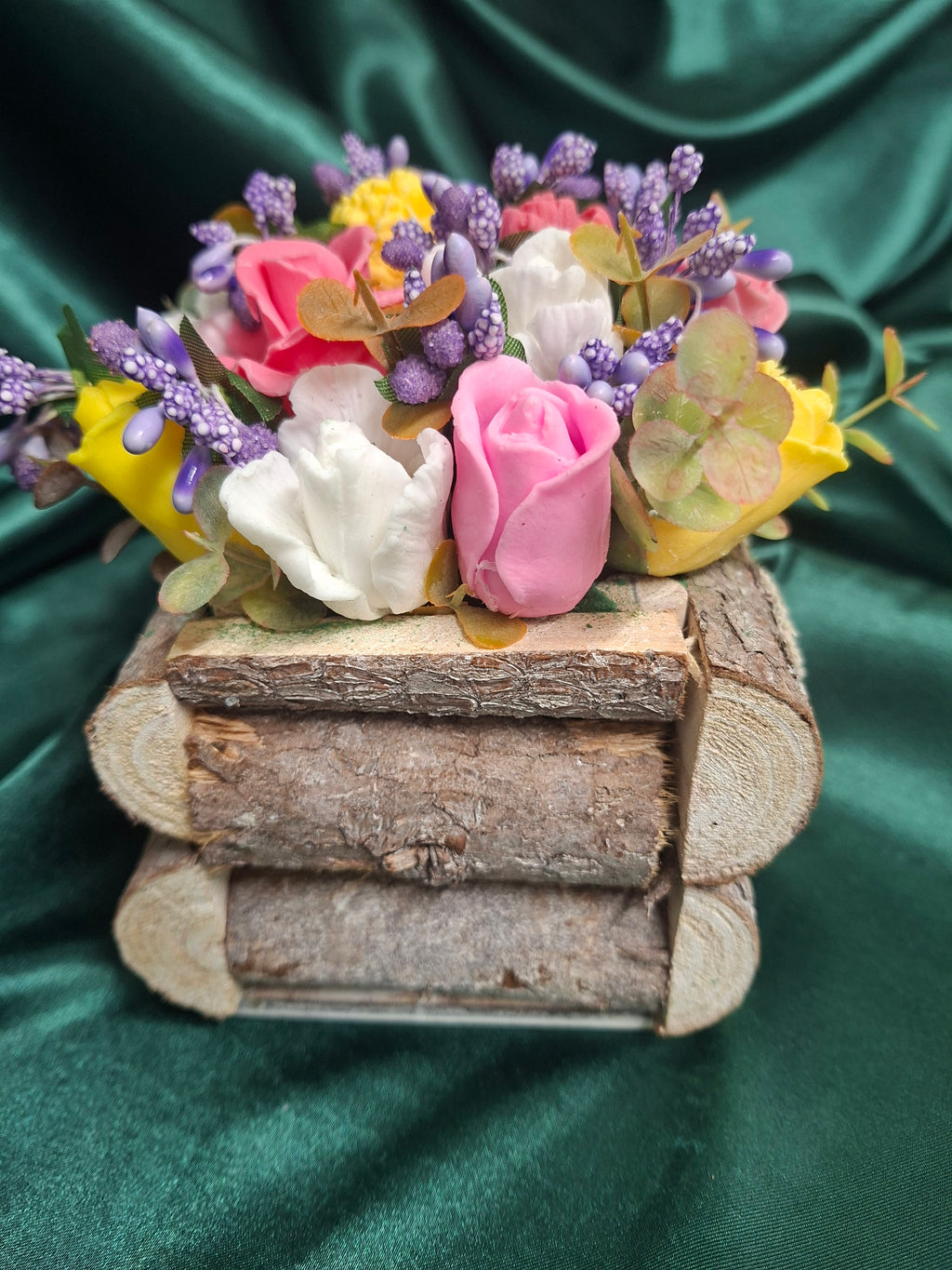 Rustic Log Basket With Heart Burlap Patch And Artificial Flowers Decor