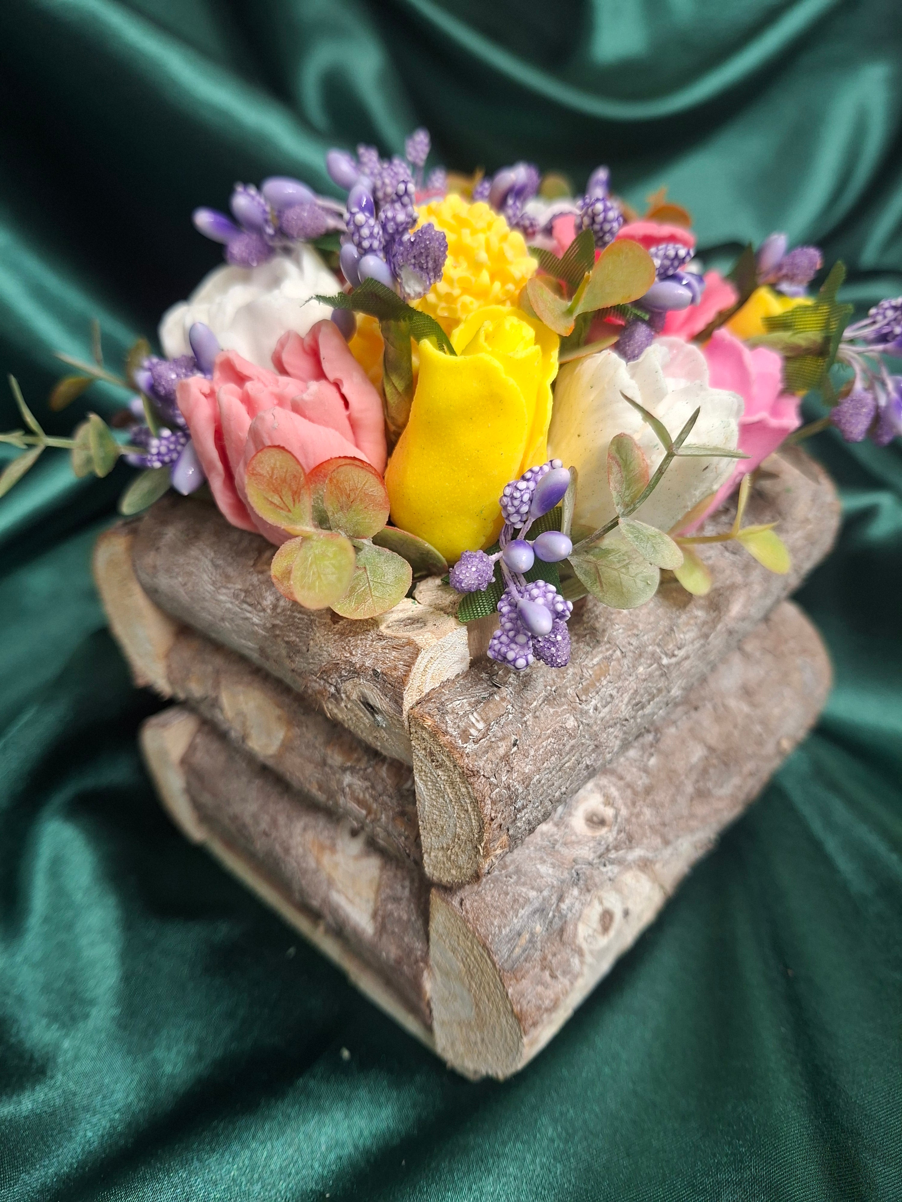Rustic Log Basket With Heart Burlap Patch And Artificial Flowers Decor