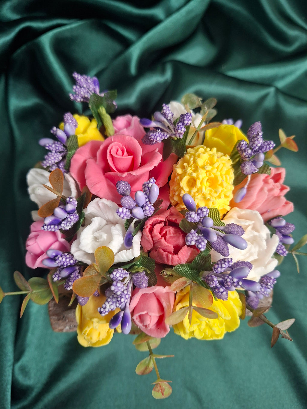 Rustic Log Basket With Heart Burlap Patch And Artificial Flowers Decor