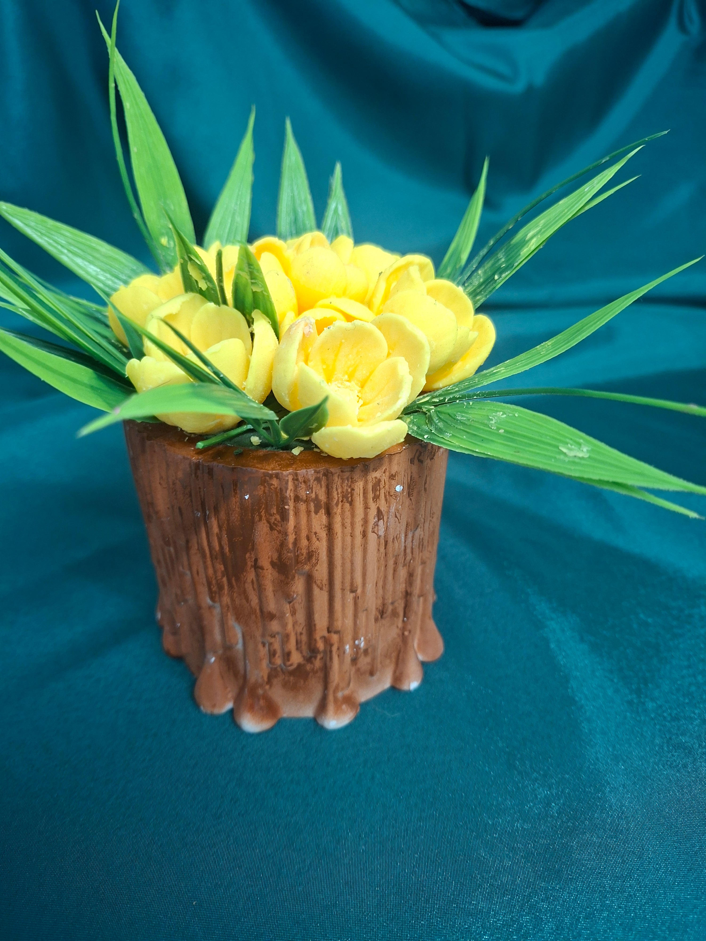 Yellow Artificial Flower Box In Rustic Wooden Holder