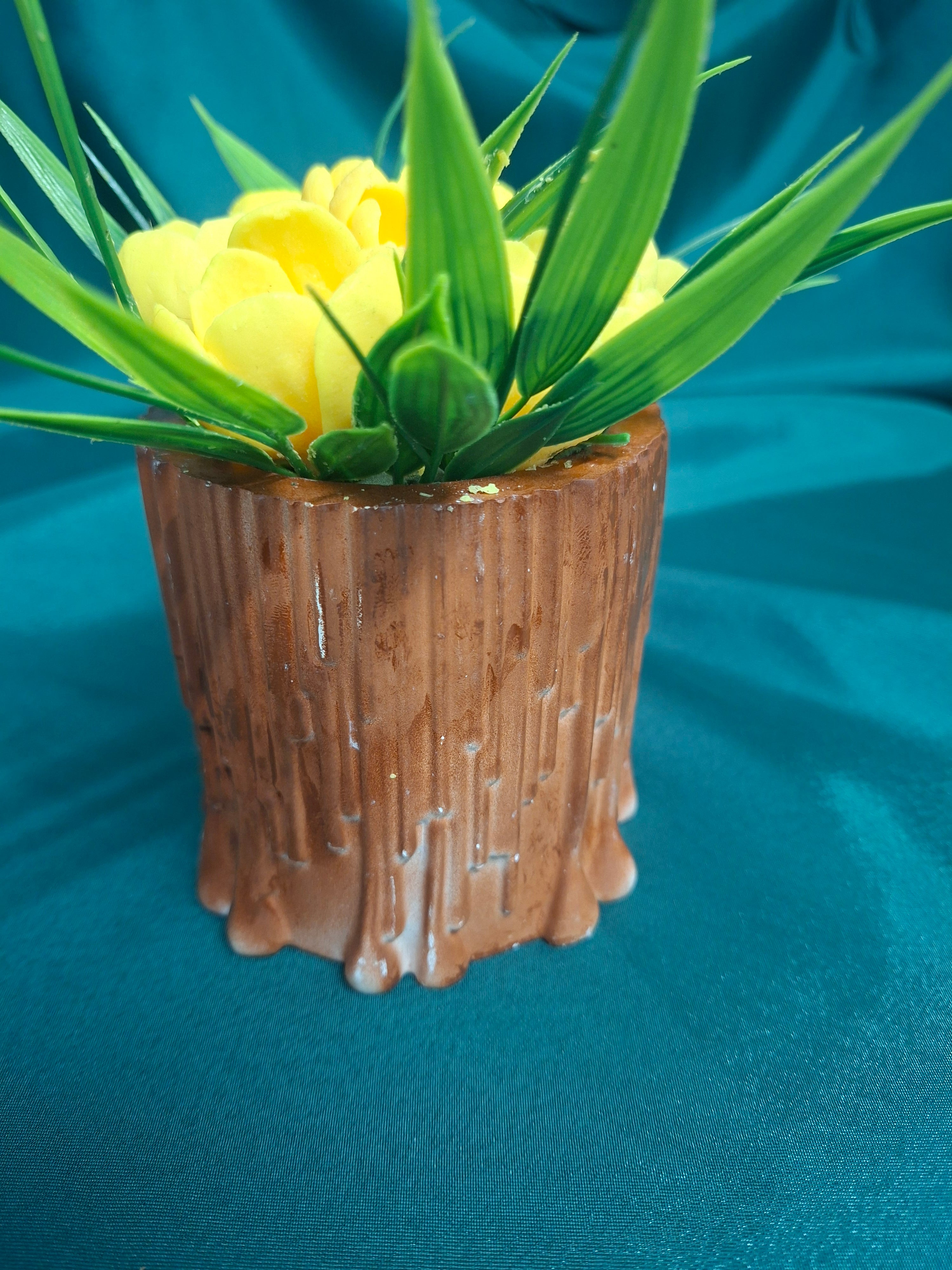 Yellow Artificial Flower Box In Rustic Wooden Holder
