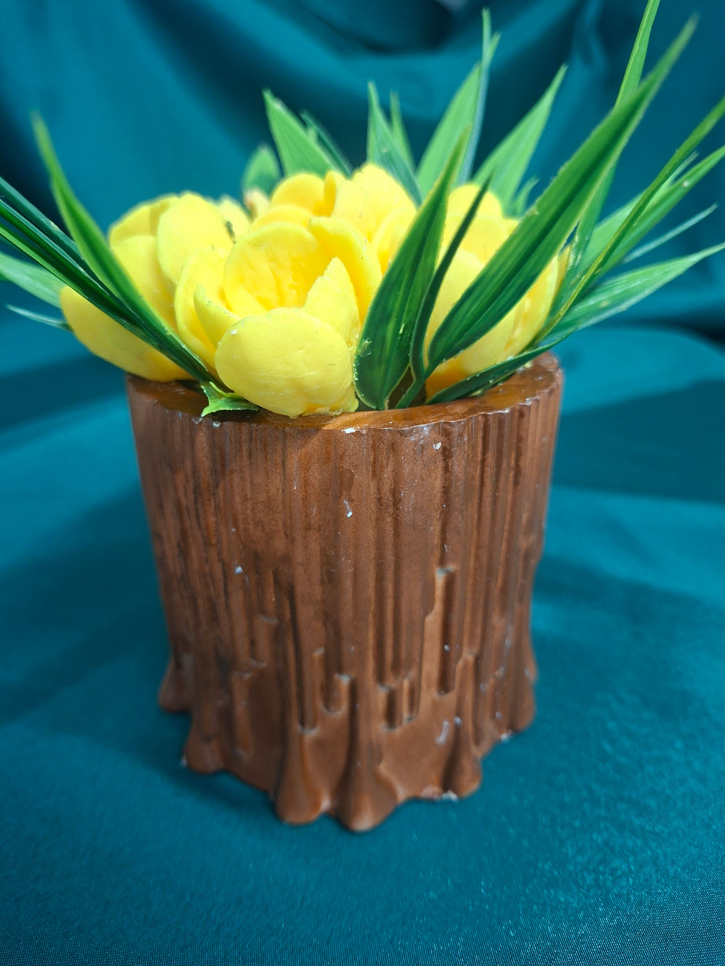 Yellow Artificial Flower Box In Rustic Wooden Holder