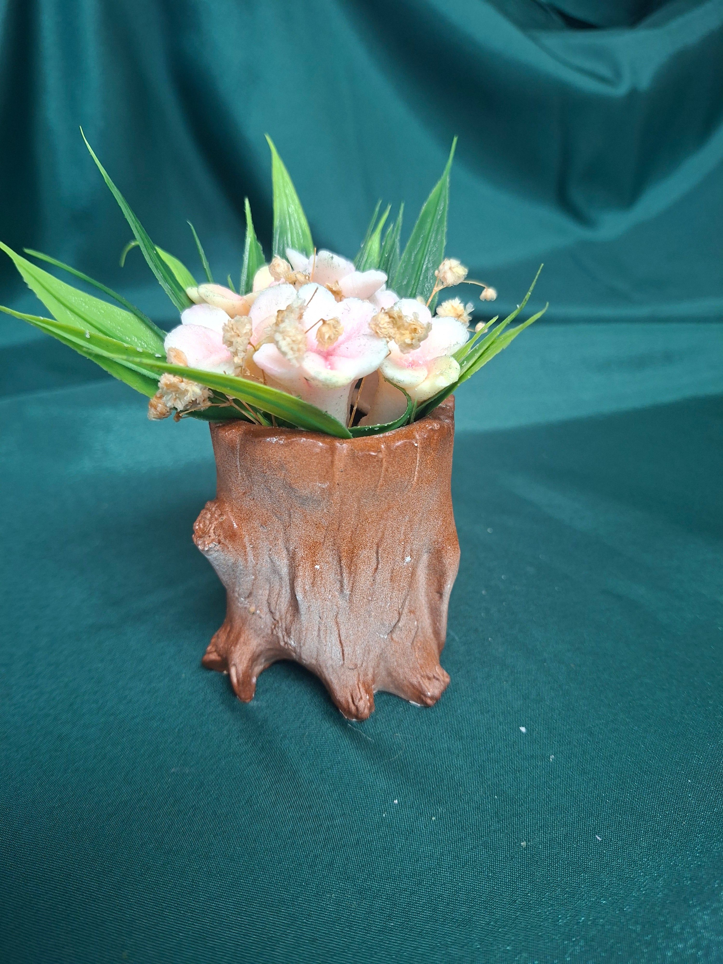 Rustic Tree Stump Pot Artificial Flower Bouquet Arrangement