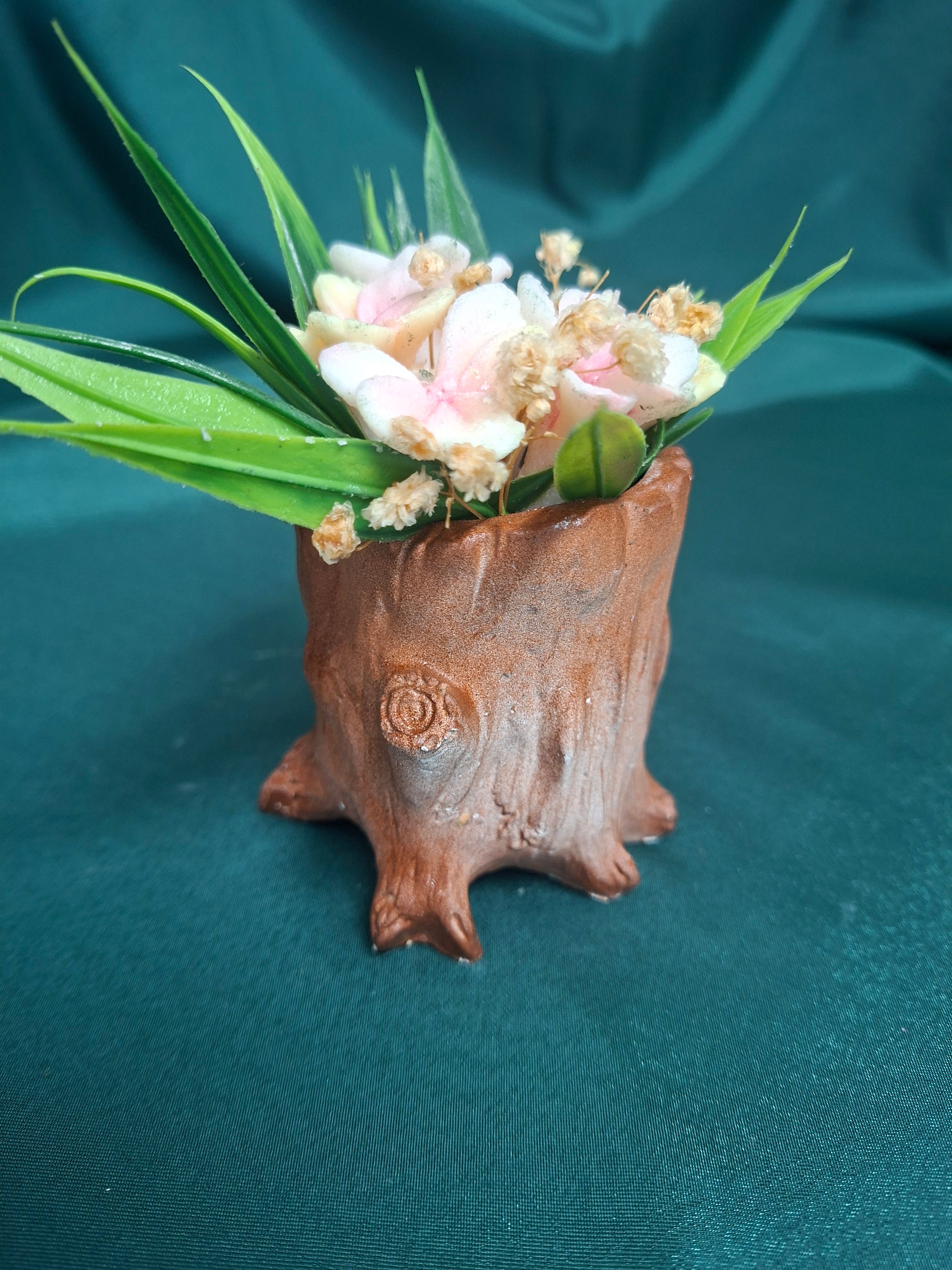Rustic Tree Stump Pot Artificial Flower Bouquet Arrangement