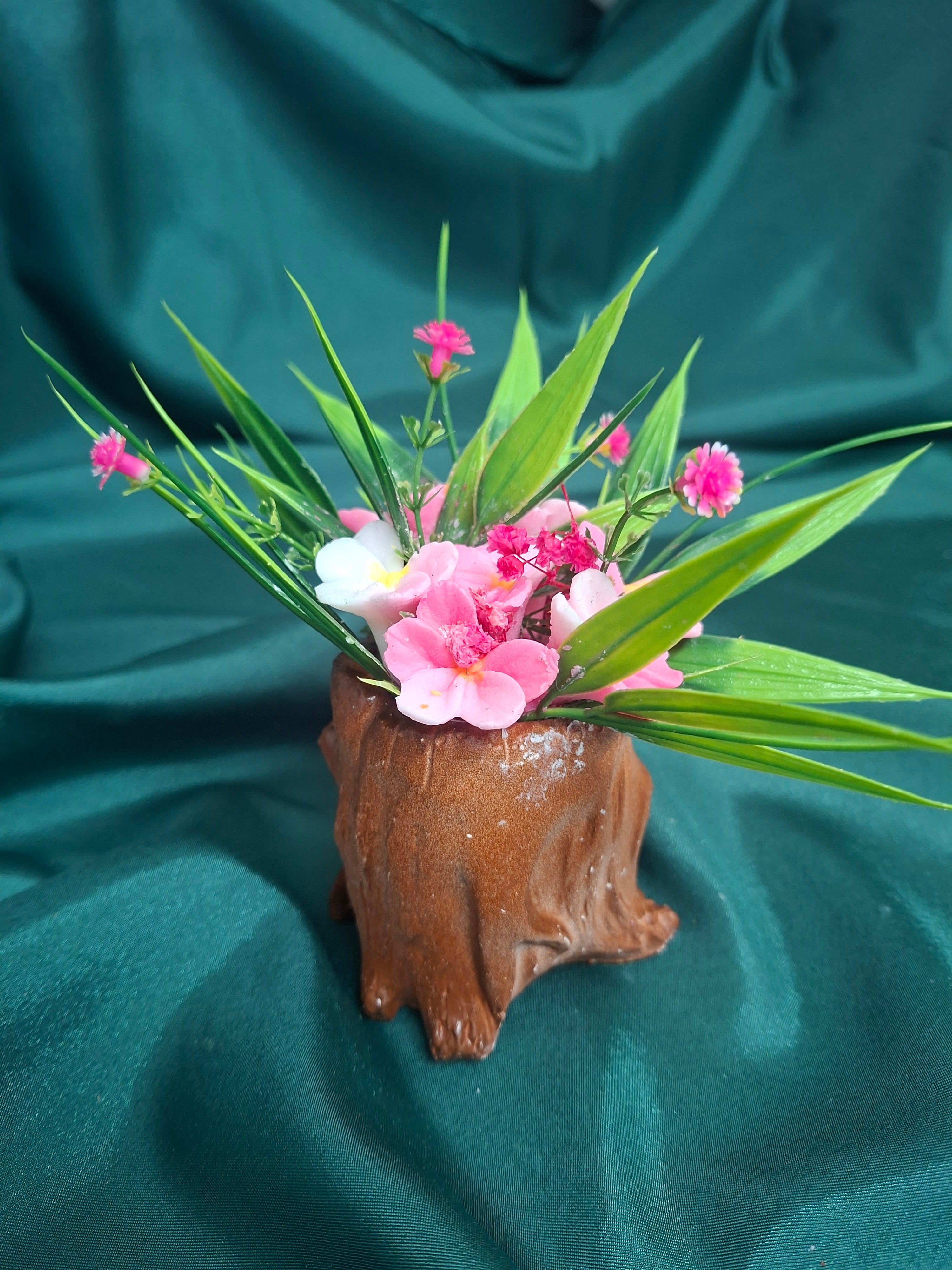 Rustic Tree Stump Flower Box With Pink Artificial Blooms