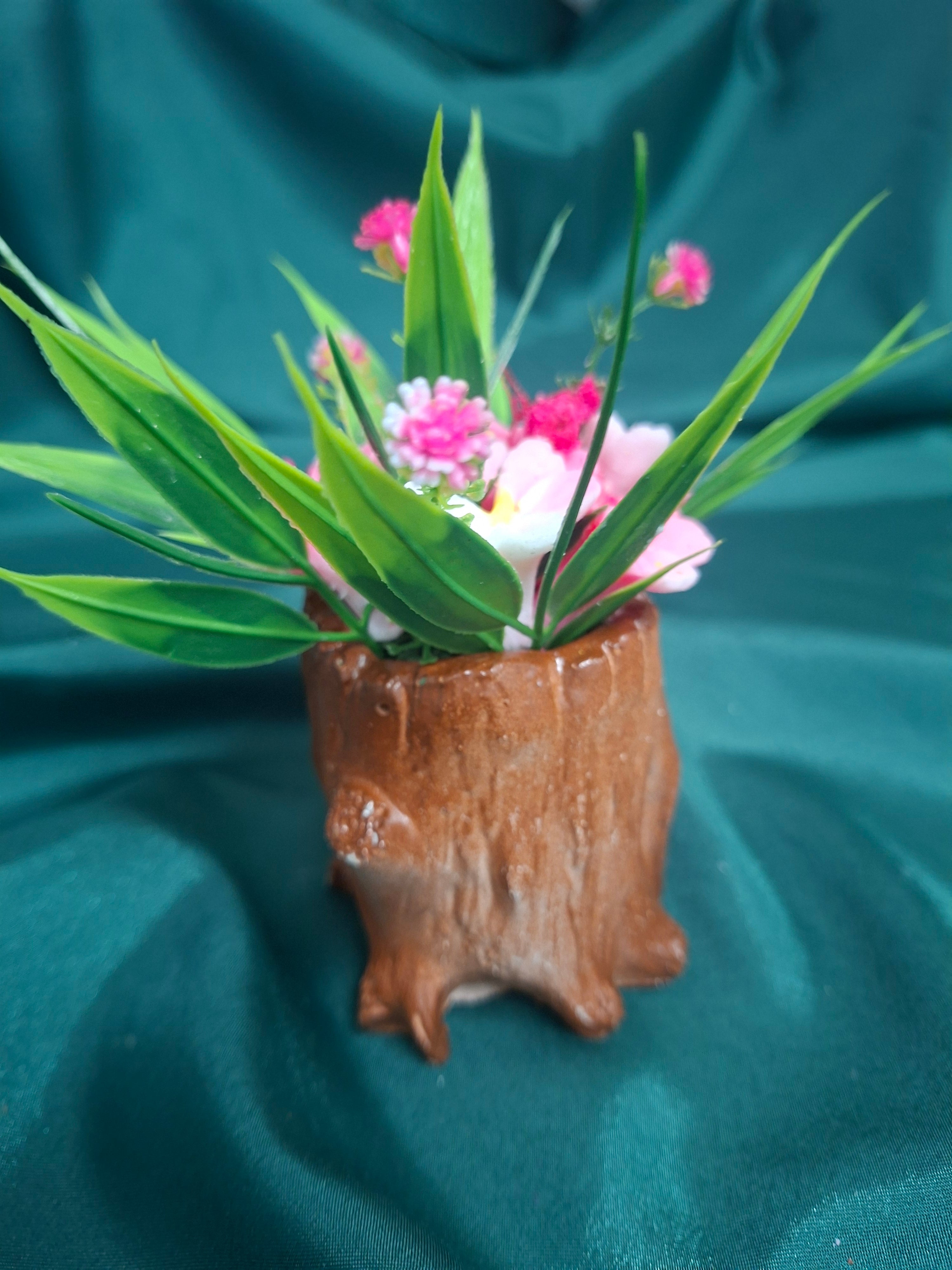 Rustic Tree Stump Flower Box With Pink Artificial Blooms