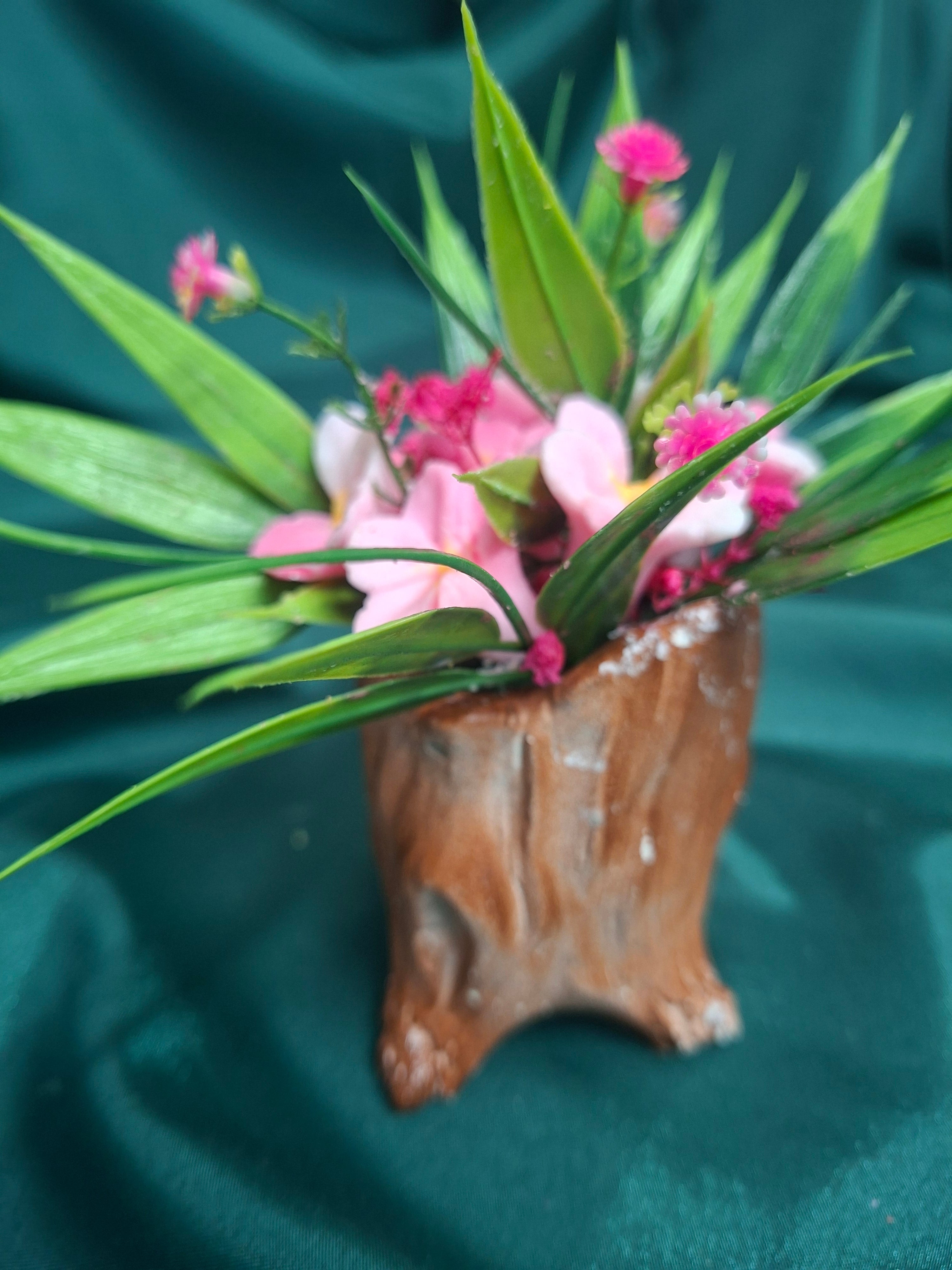 Rustic Tree Stump Flower Box With Pink Artificial Blooms