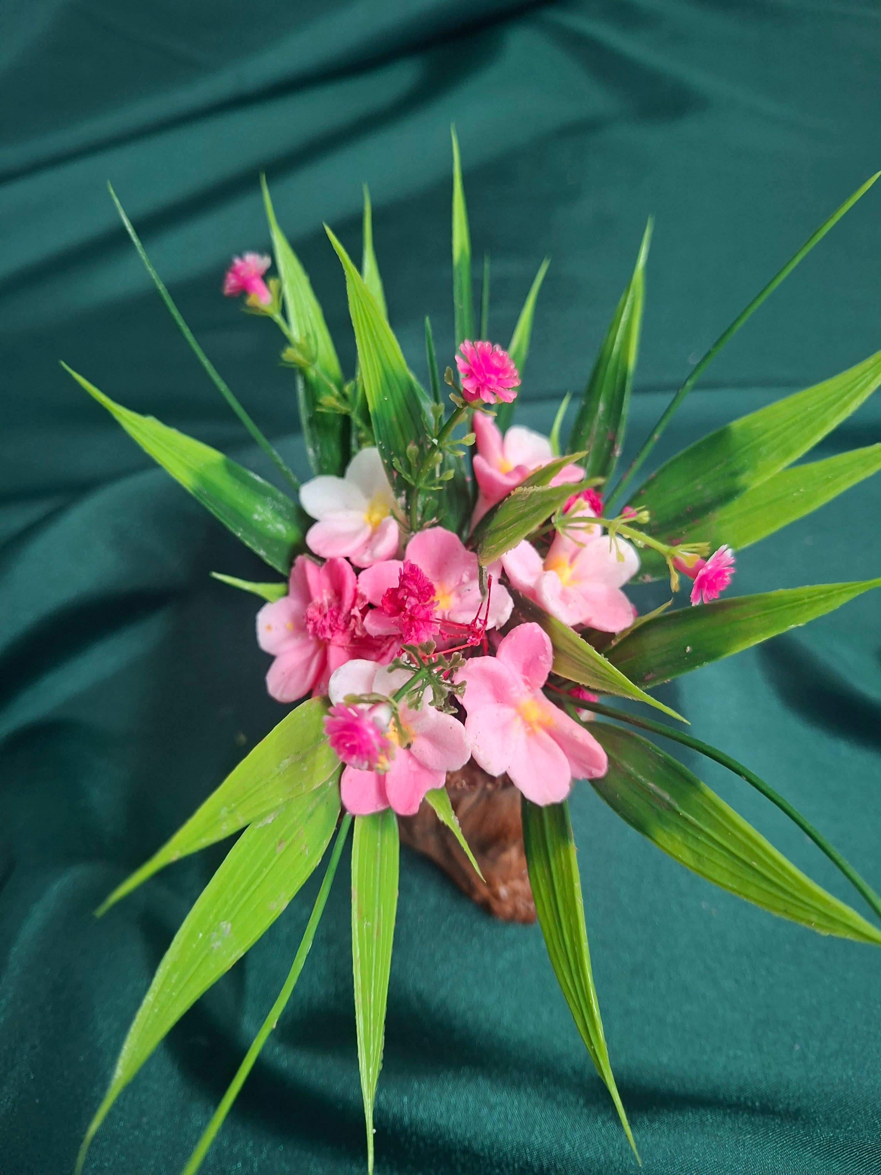 Rustic Tree Stump Flower Box With Pink Artificial Blooms