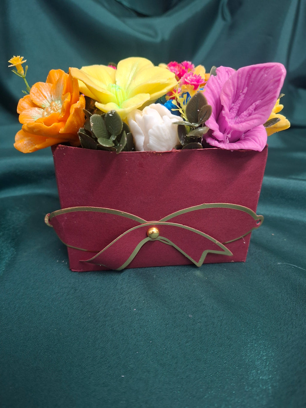 Floral Gift Box Bouquet In Burgundy Box With Colorful Flowers