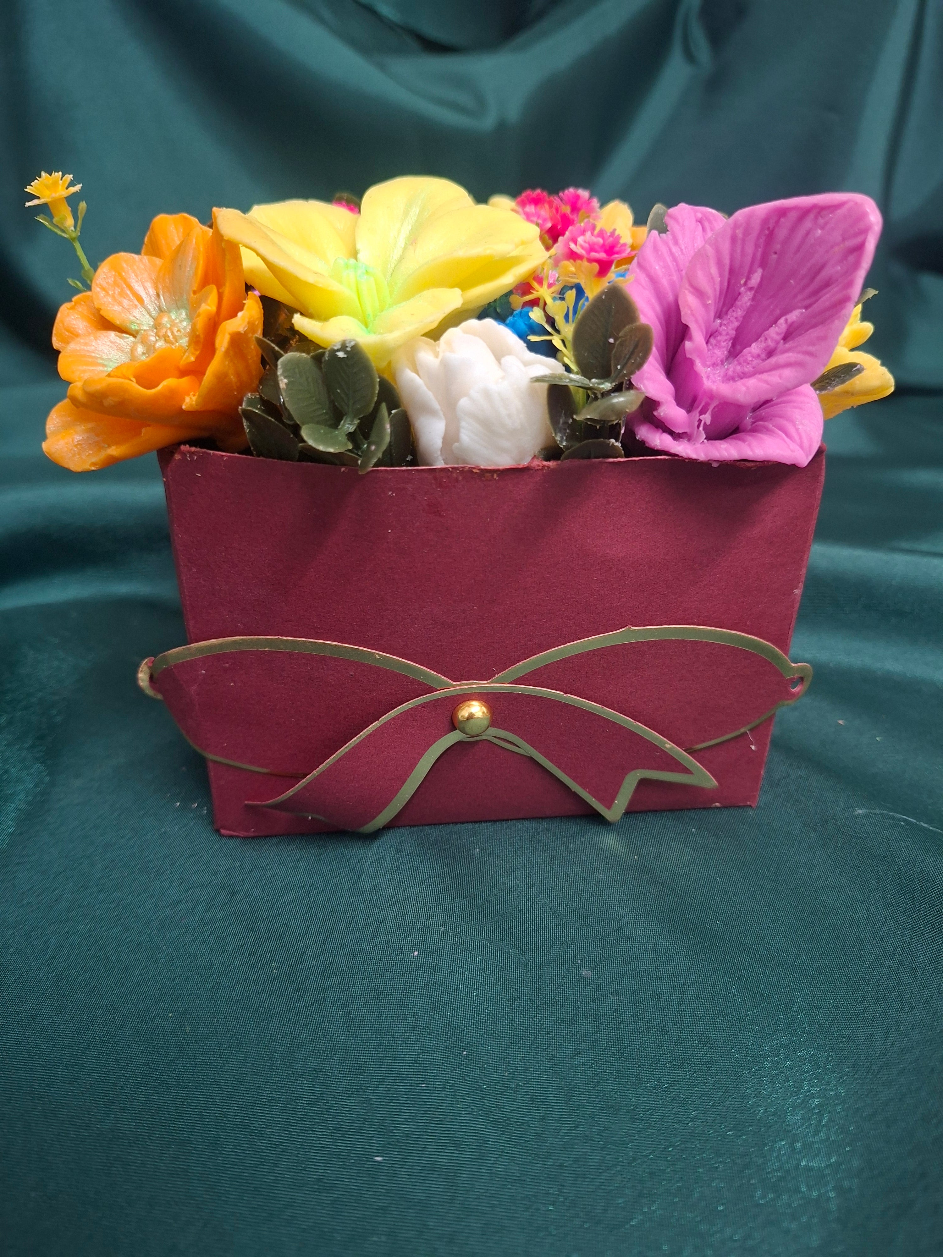 Floral Gift Box Bouquet In Burgundy Box With Colorful Flowers