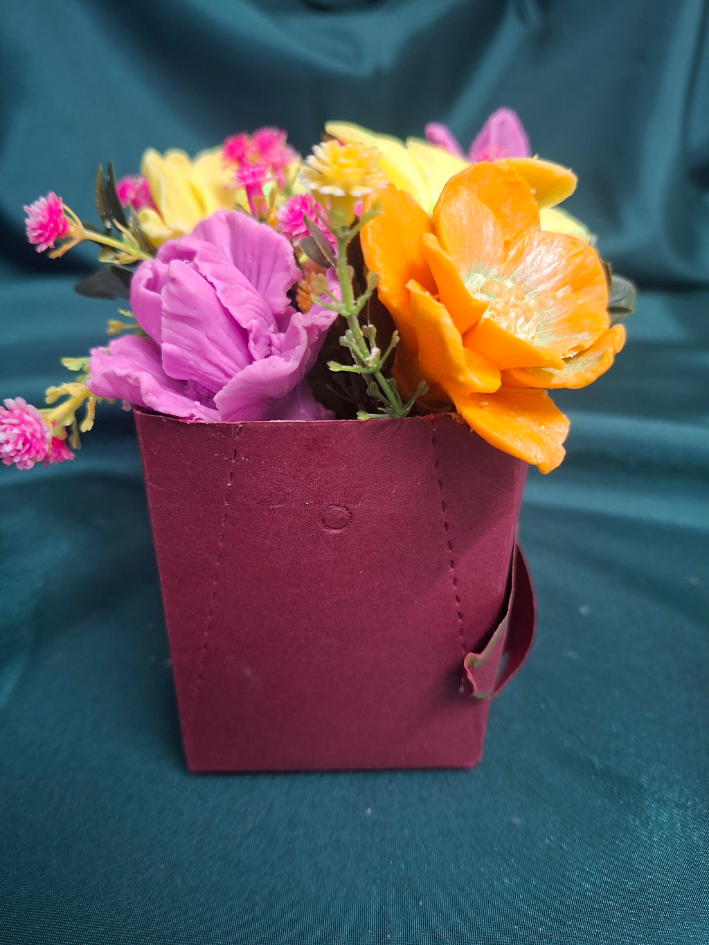 Floral Gift Box Bouquet In Burgundy Box With Colorful Flowers
