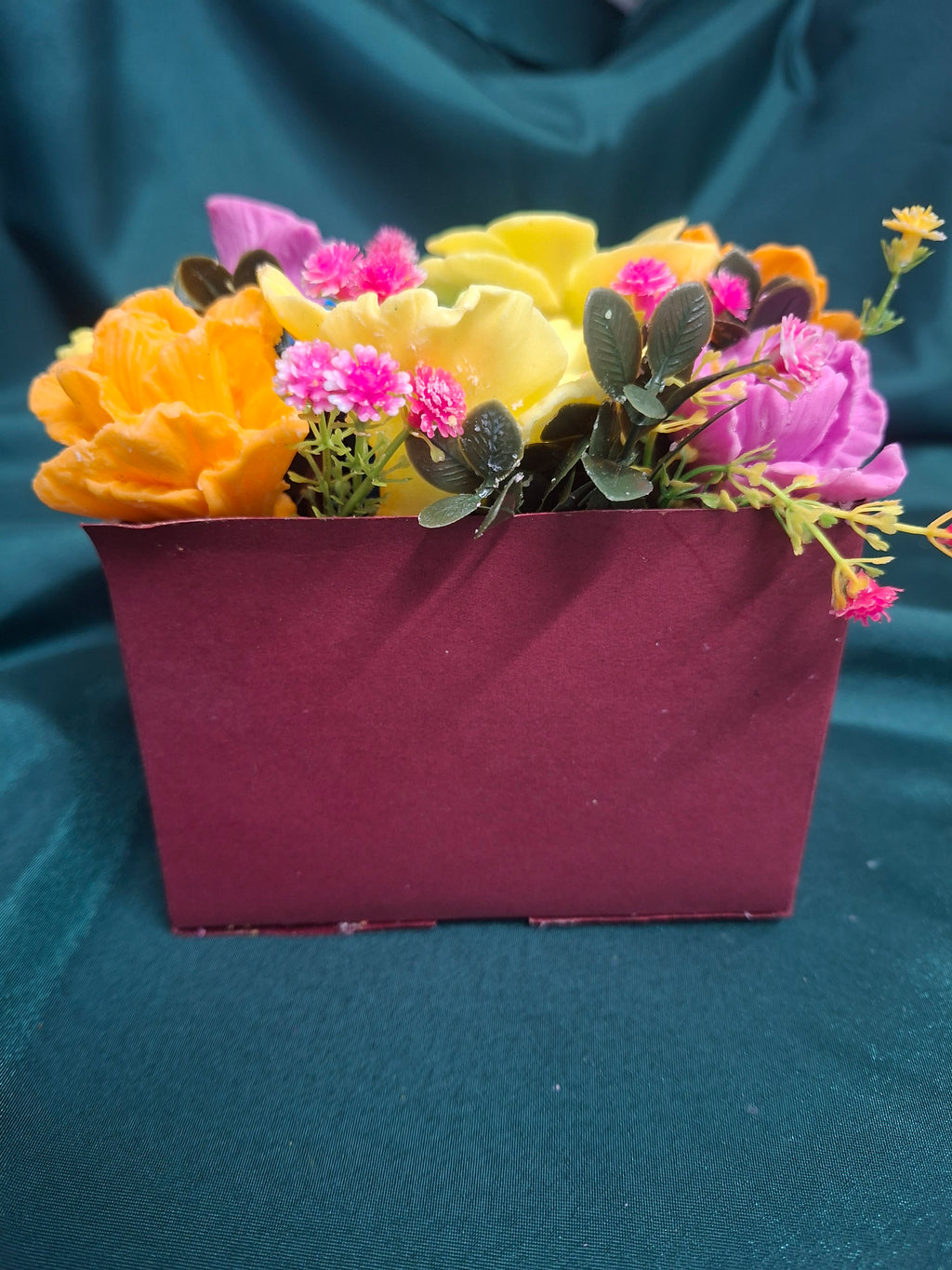 Floral Gift Box Bouquet In Burgundy Box With Colorful Flowers