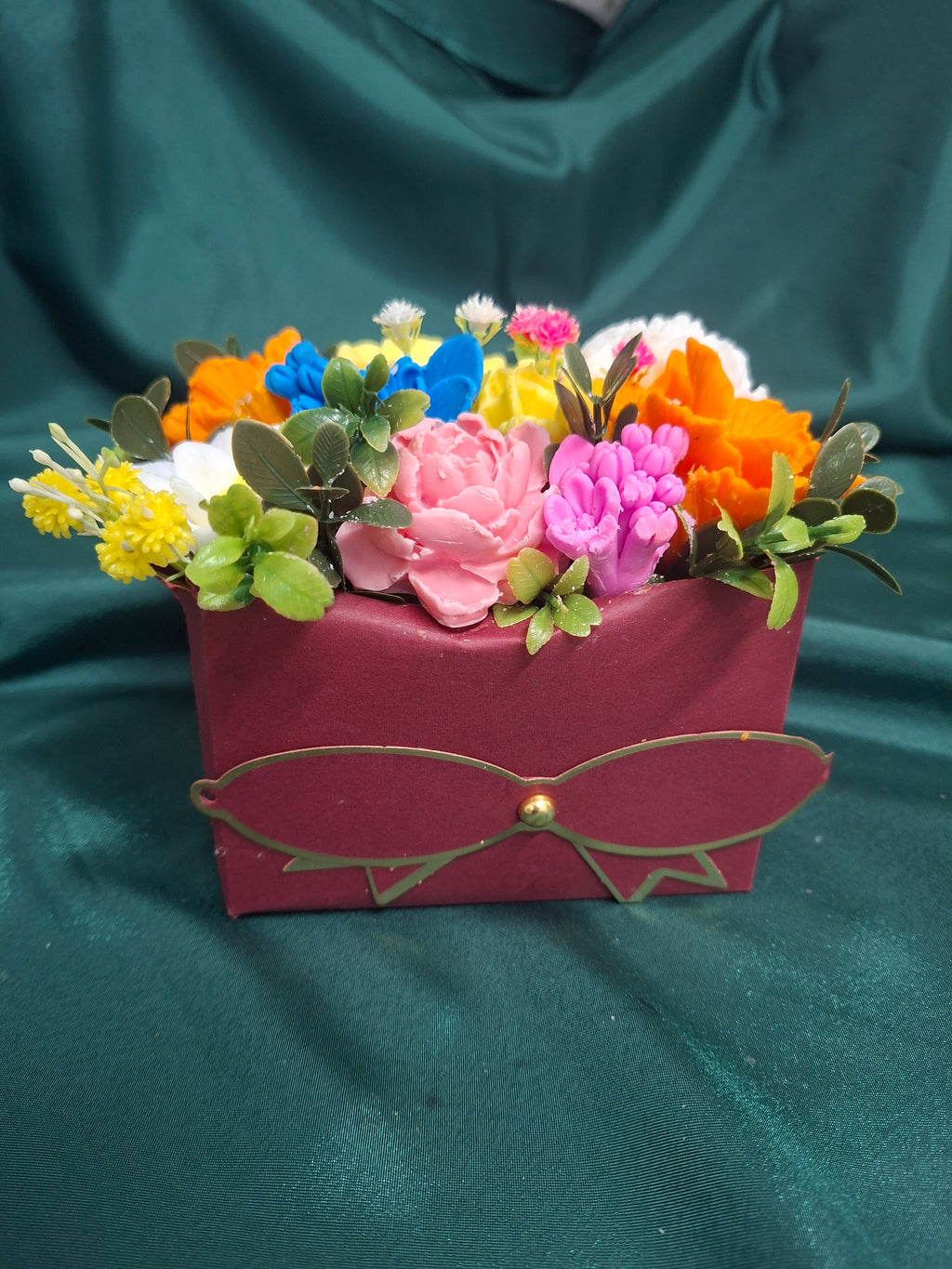 Colorful Artificial Flower Box Arrangement in Burgundy Gift Box