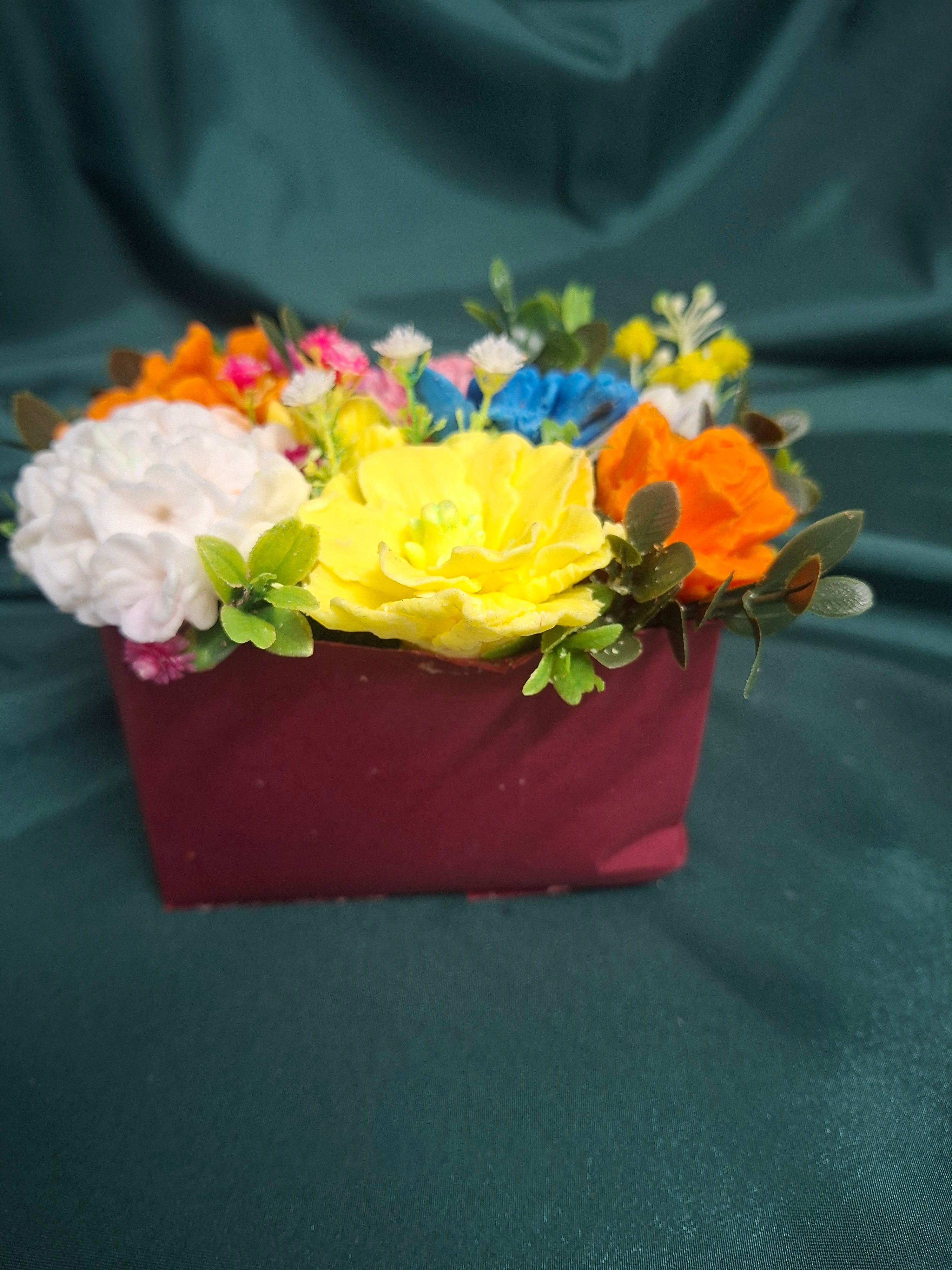 Colorful Artificial Flower Box Arrangement in Burgundy Gift Box