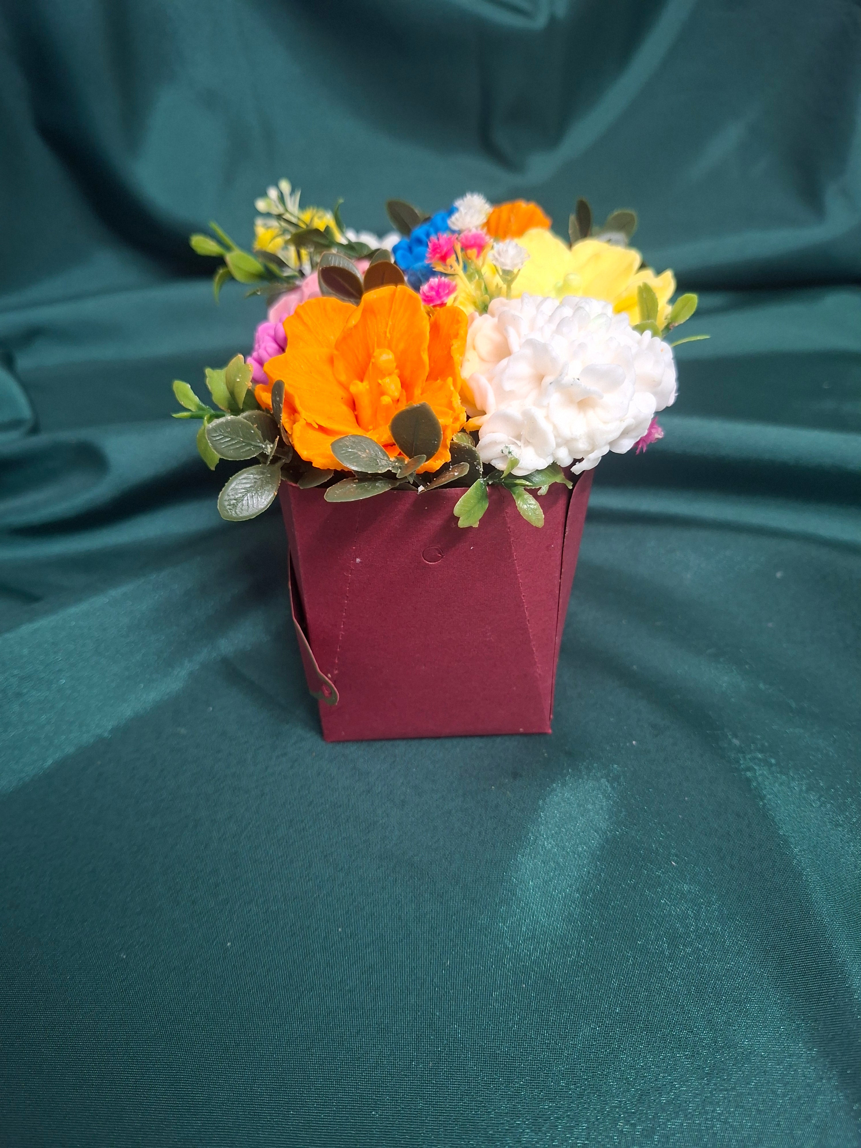 Colorful Artificial Flower Box Arrangement in Burgundy Gift Box