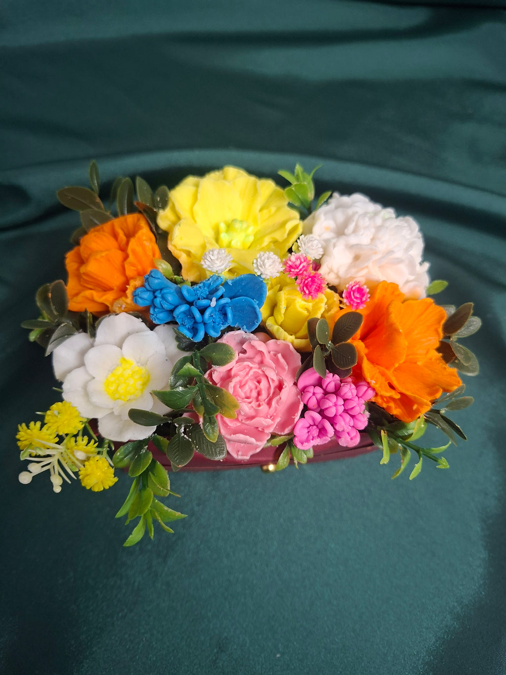 Colorful Artificial Flower Box Arrangement in Burgundy Gift Box