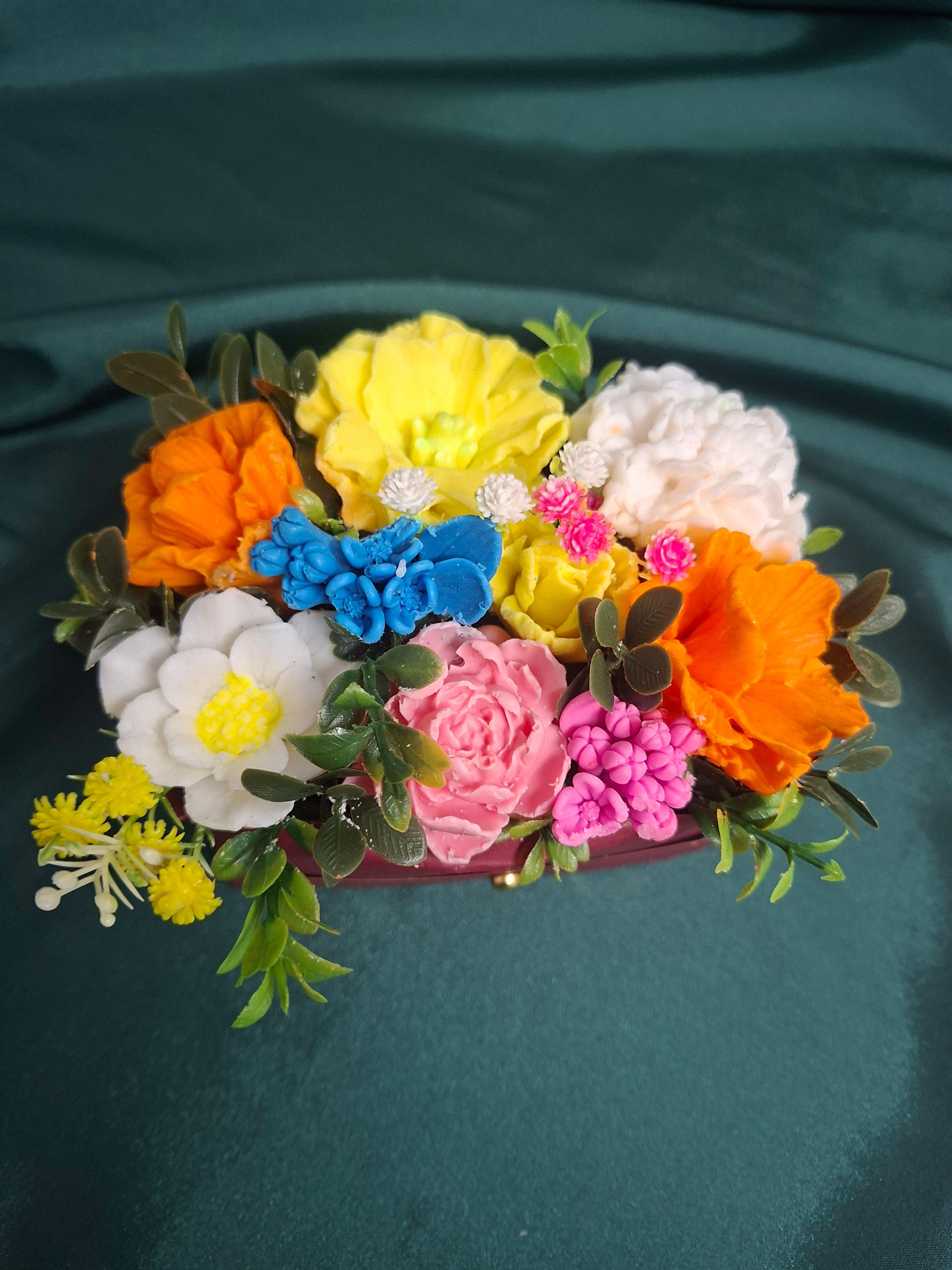 Colorful Artificial Flower Box Arrangement in Burgundy Gift Box