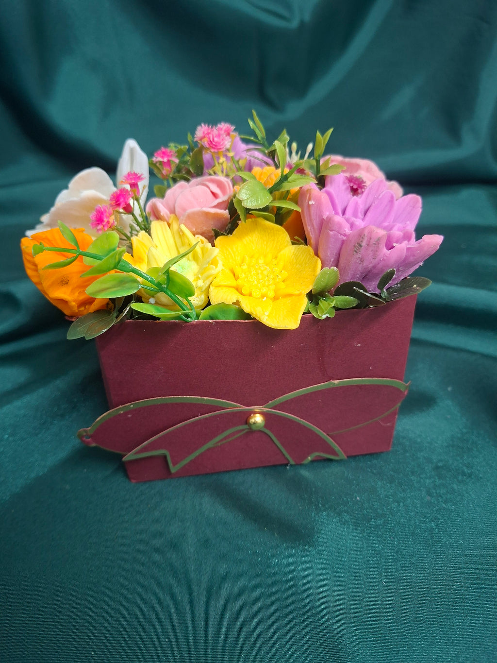 Artificial Flower Box Arrangement In Burgundy Gift Box
