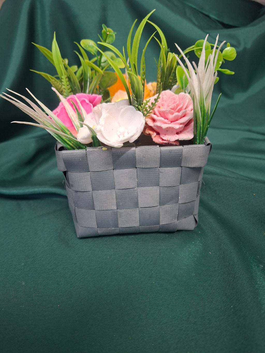 Artificial Flower Arrangement In Gray Woven Gift Box
