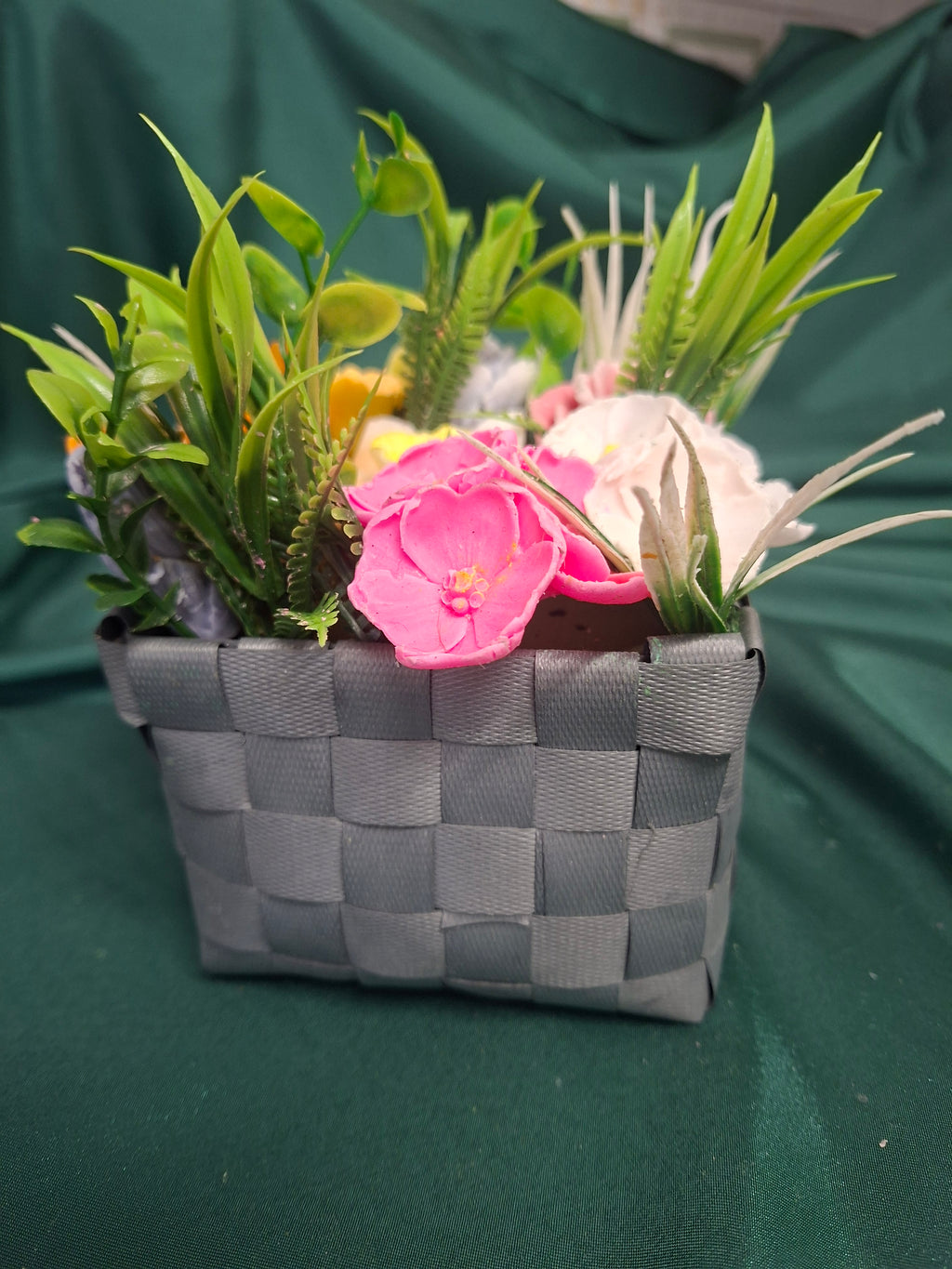 Artificial Flower Arrangement In Gray Woven Gift Box