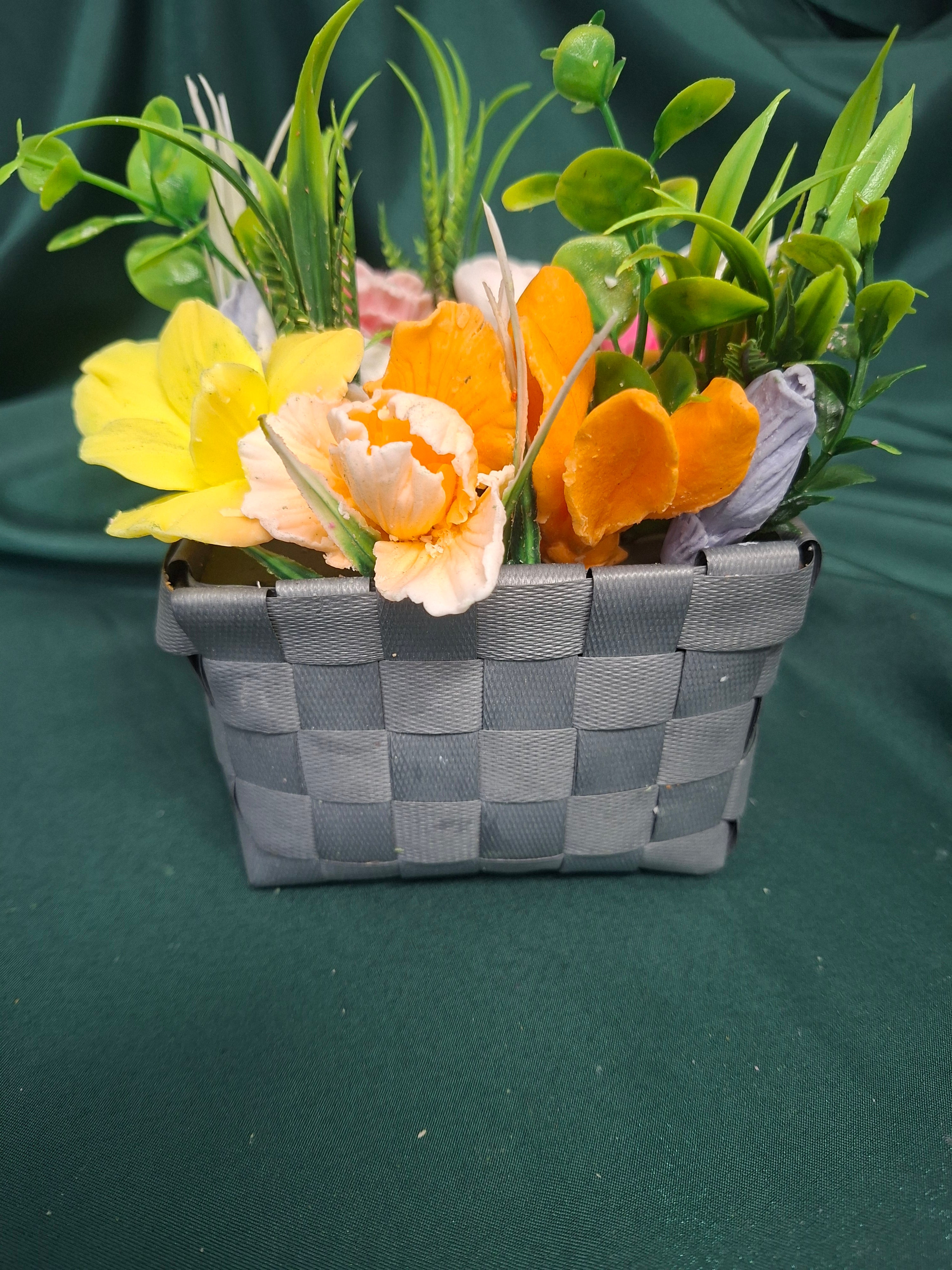Artificial Flower Arrangement In Gray Woven Gift Box