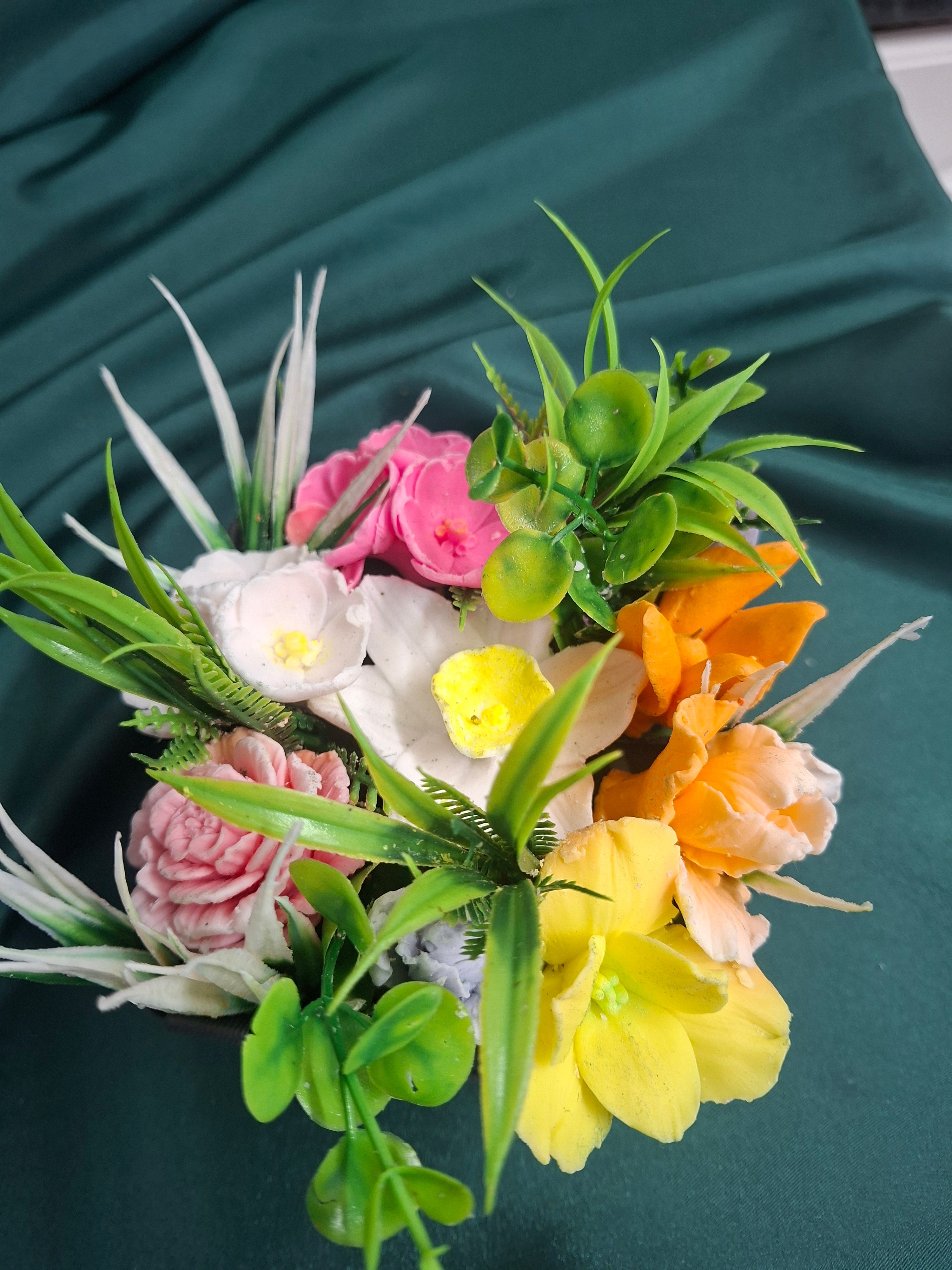 Artificial Flower Arrangement In Gray Woven Gift Box