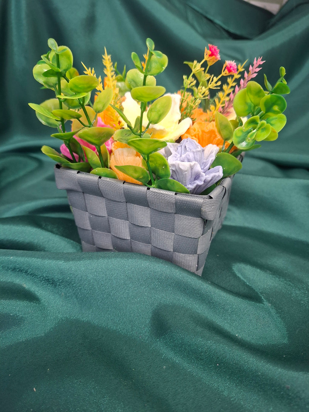 Artificial Flower Box Arrangement In Gray Woven Box