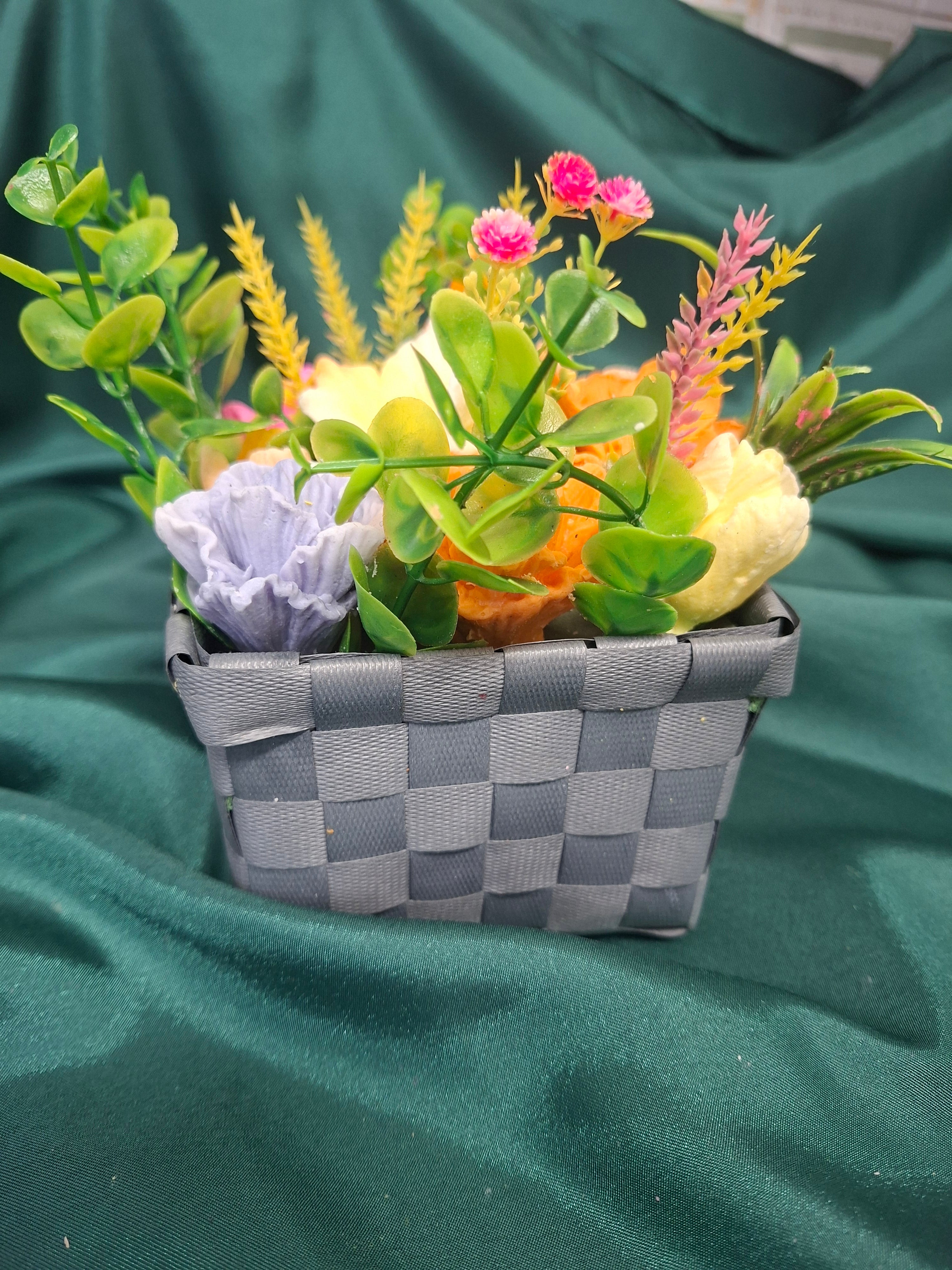 Artificial Flower Box Arrangement In Gray Woven Box